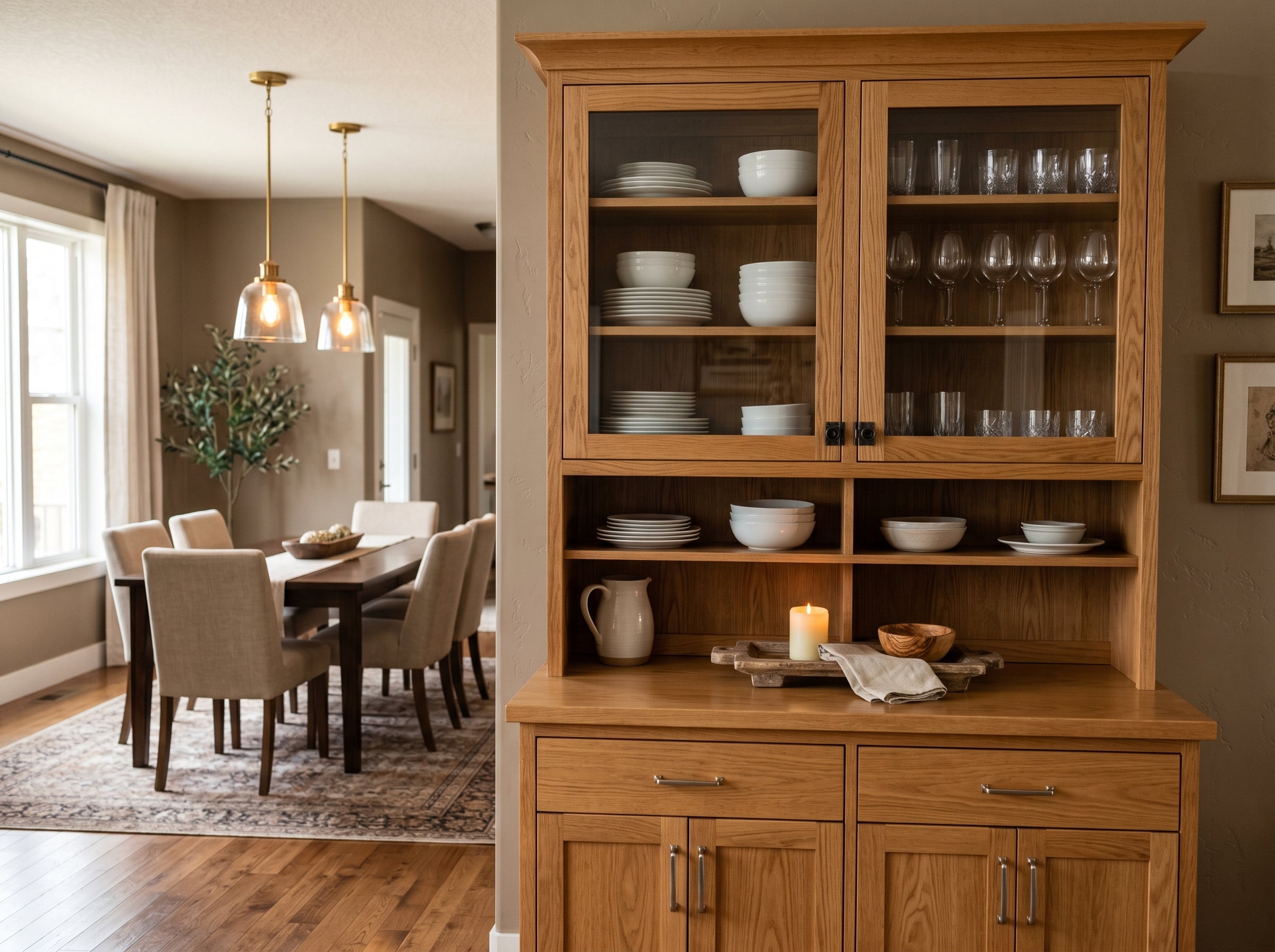 Dining room hutch and buffet in natural oak finish with glass doors and china display shelving in a warm residential dining room