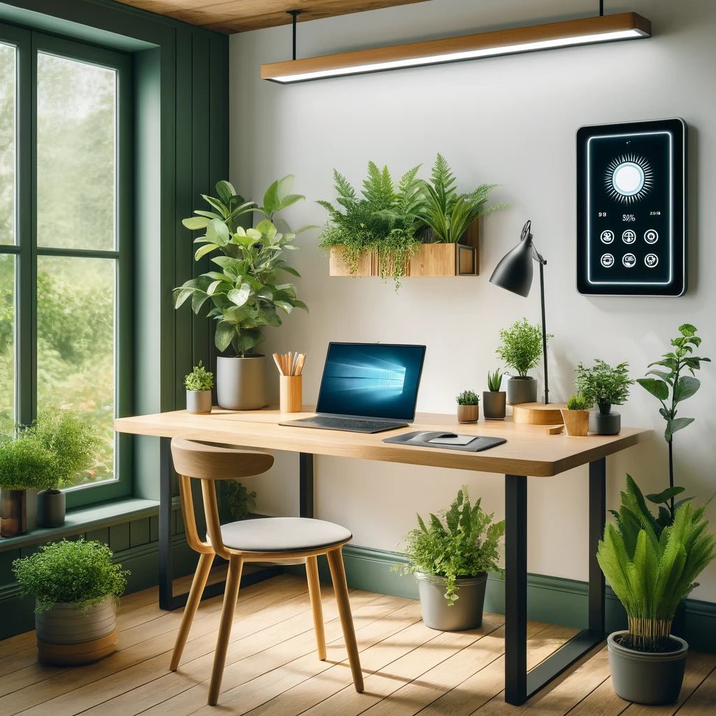 Minimalist vibrant home office with greenery.