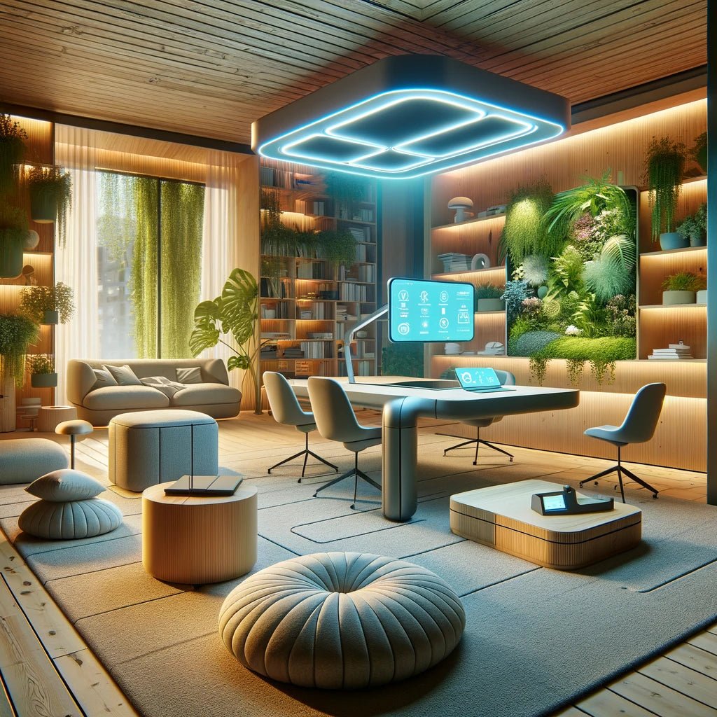 Innovative home office with tech and greenery.