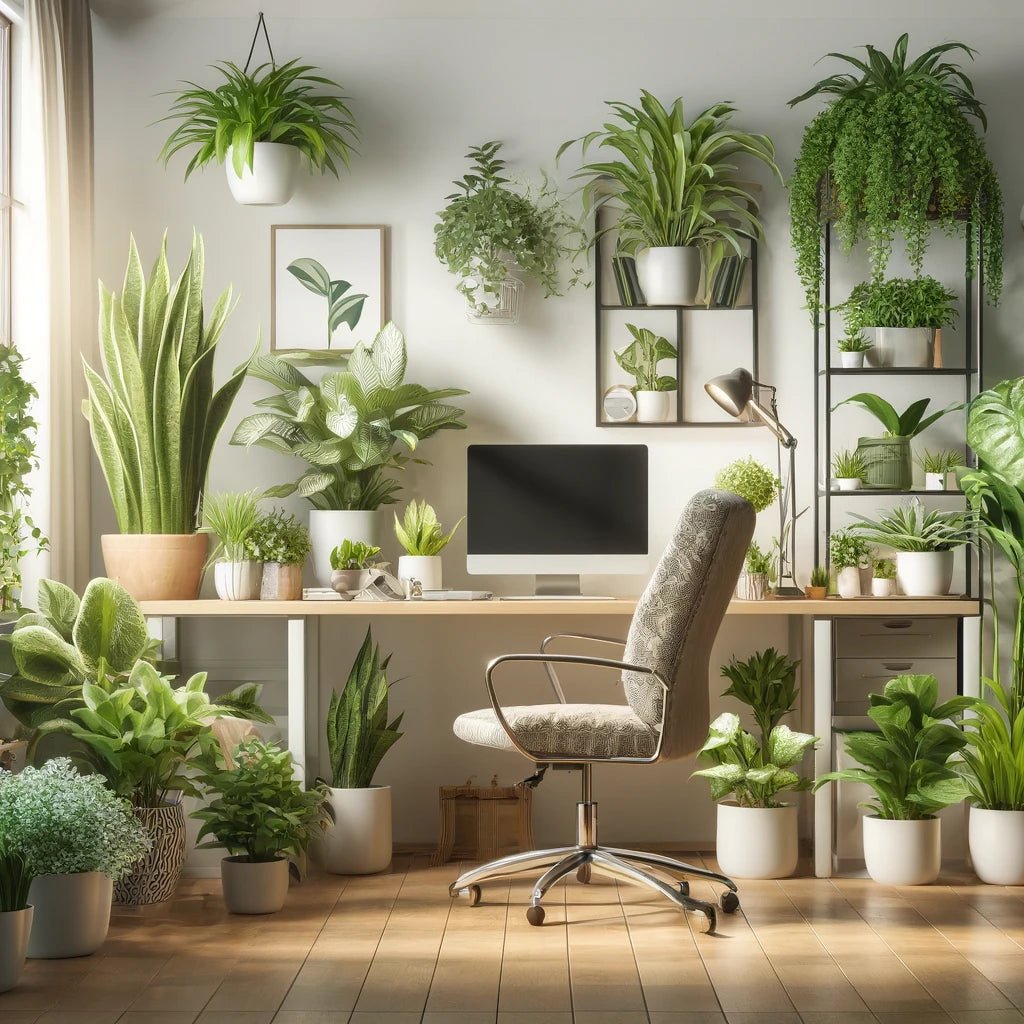 Home office with lush plants and ergonomic setup