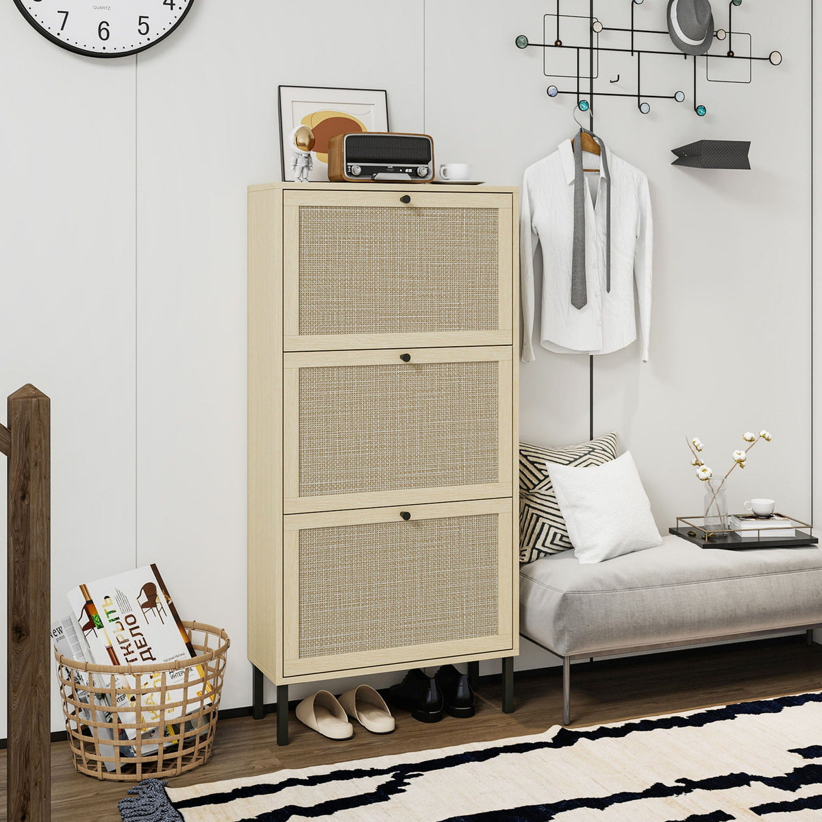 Light-brown rattan-style shoe cabinet in a furnished entryway