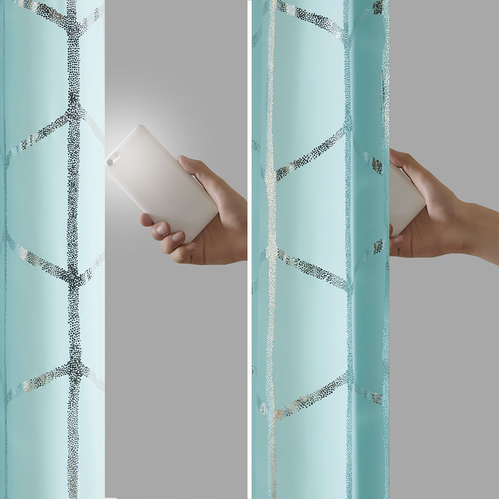 Raina - 84" Total Blackout Metallic Print Grommet Top Curtain Panel - Aqua / Silver