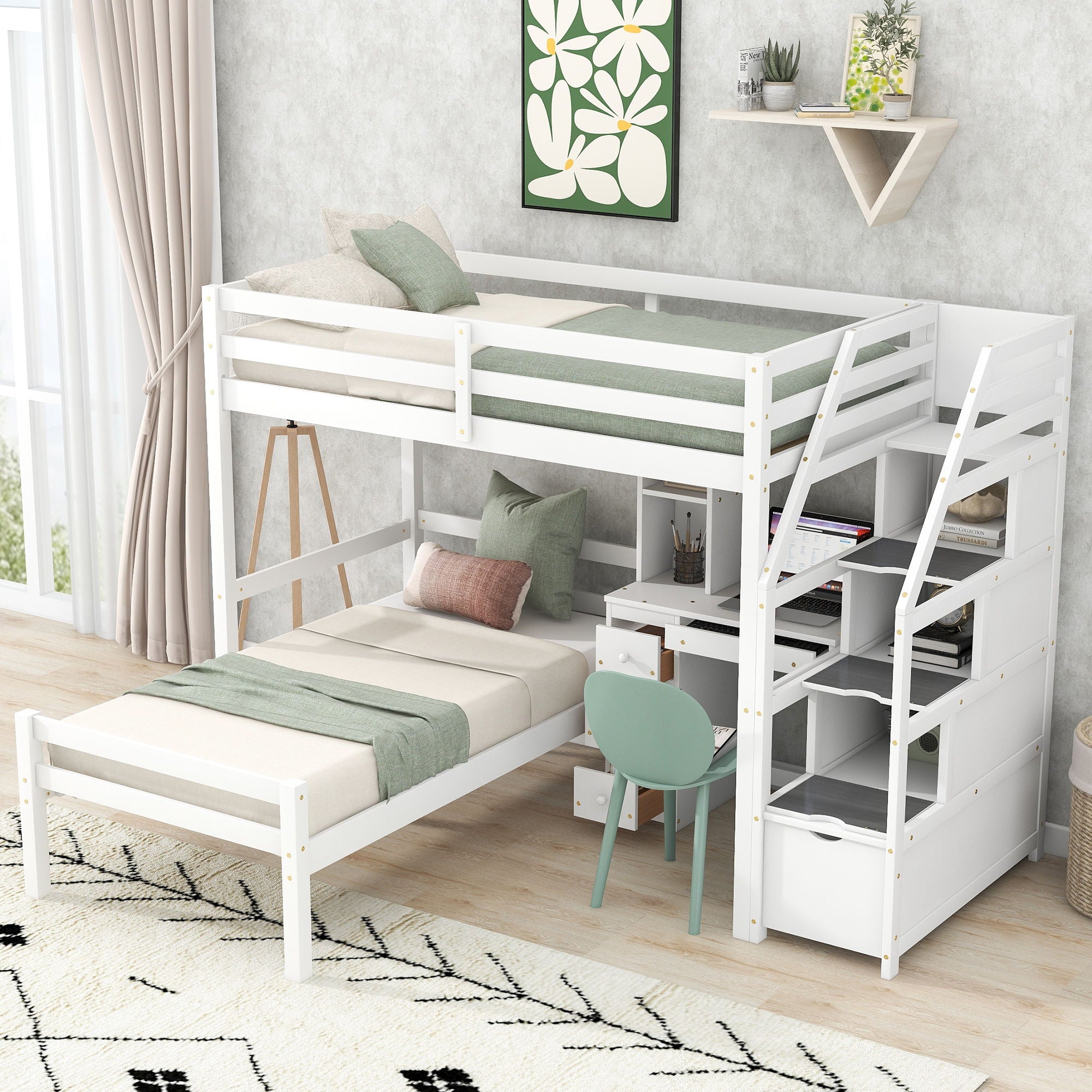 Loft Bed With Stand Alone Bed, Storage Staircase, Desk, Shelves, And Drawers