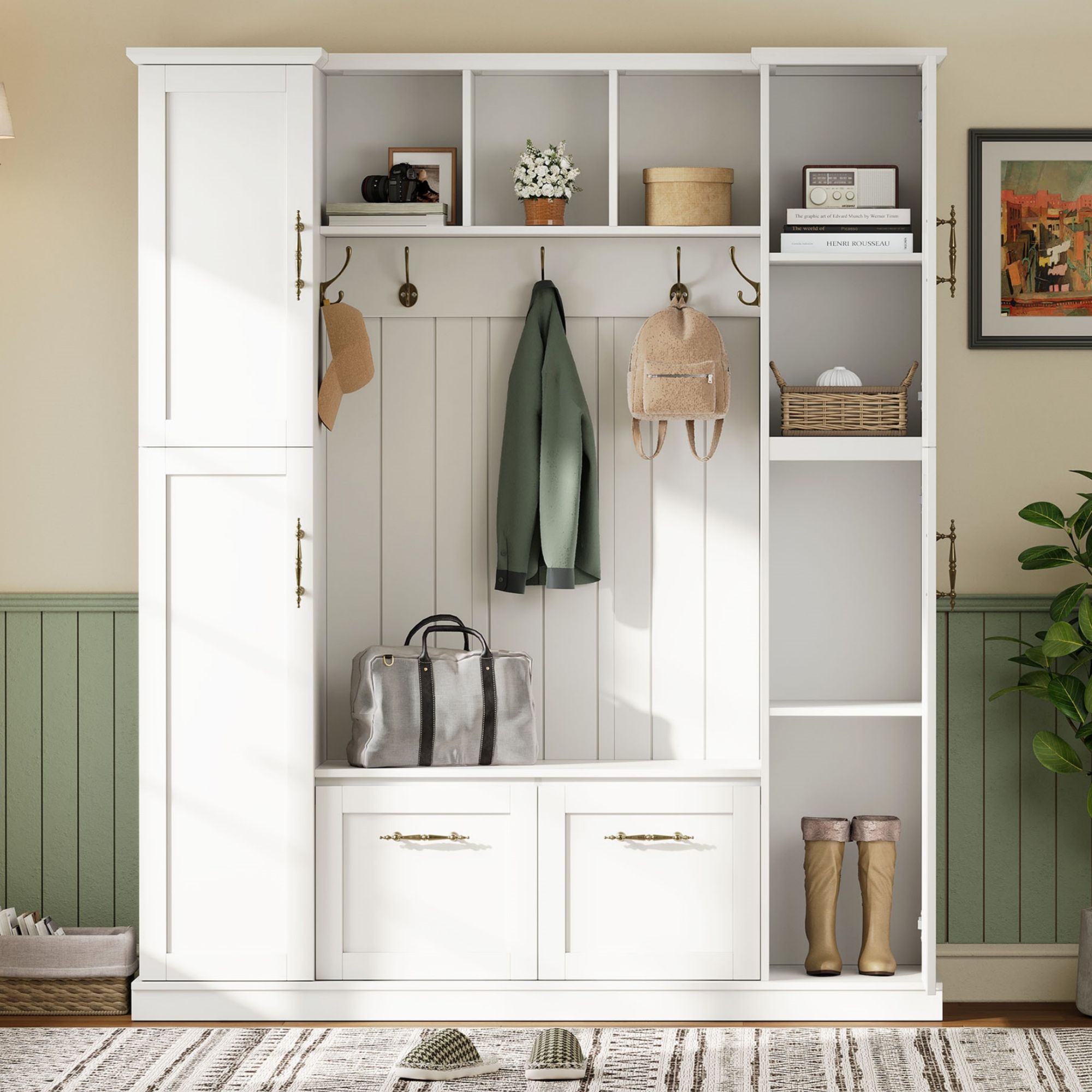 Hall Tree With 4 Side Cabinets