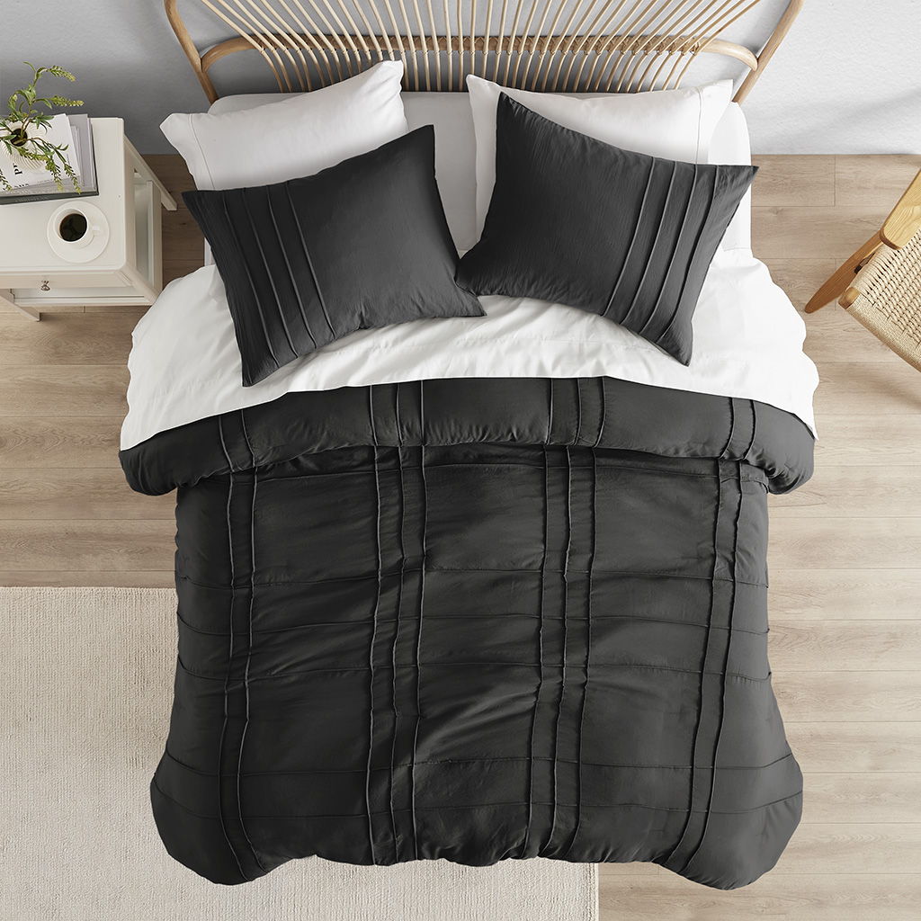 Porter - Twin/Twin Long Soft Washed Pleated Comforter Set - Black