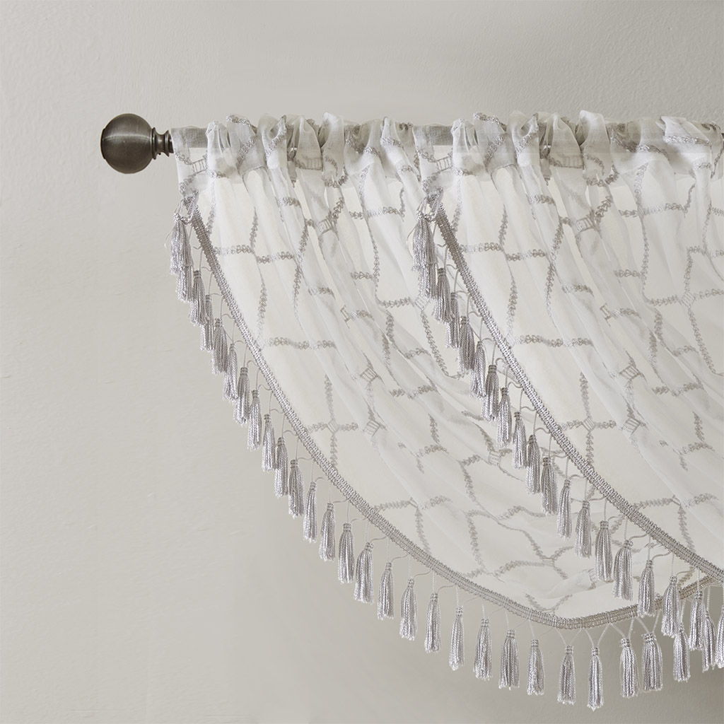 Irina - Diamond Sheer Embroidered Waterfall Valance - White / Gray