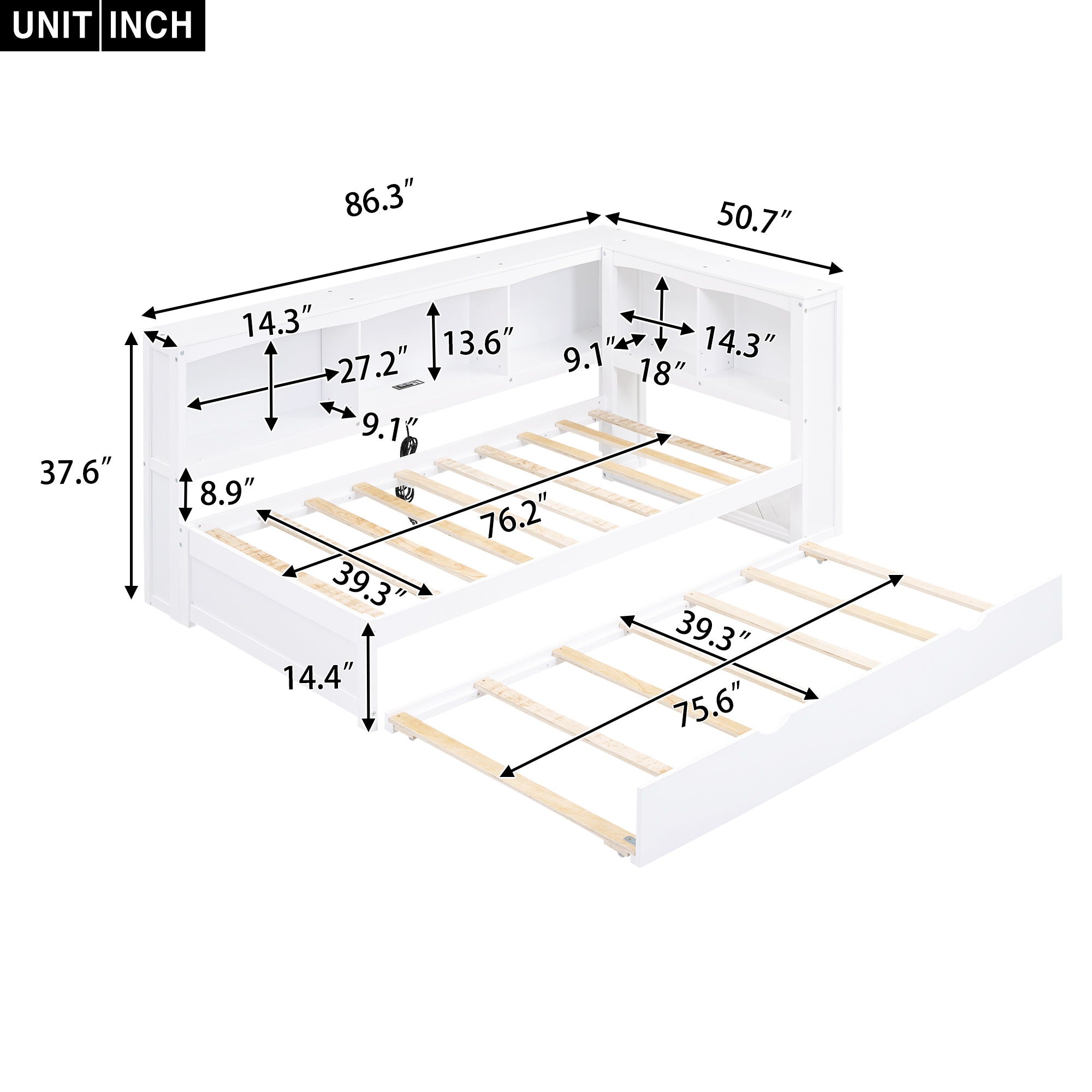 Daybed With Trundle, Storage Cabinets, USB Ports