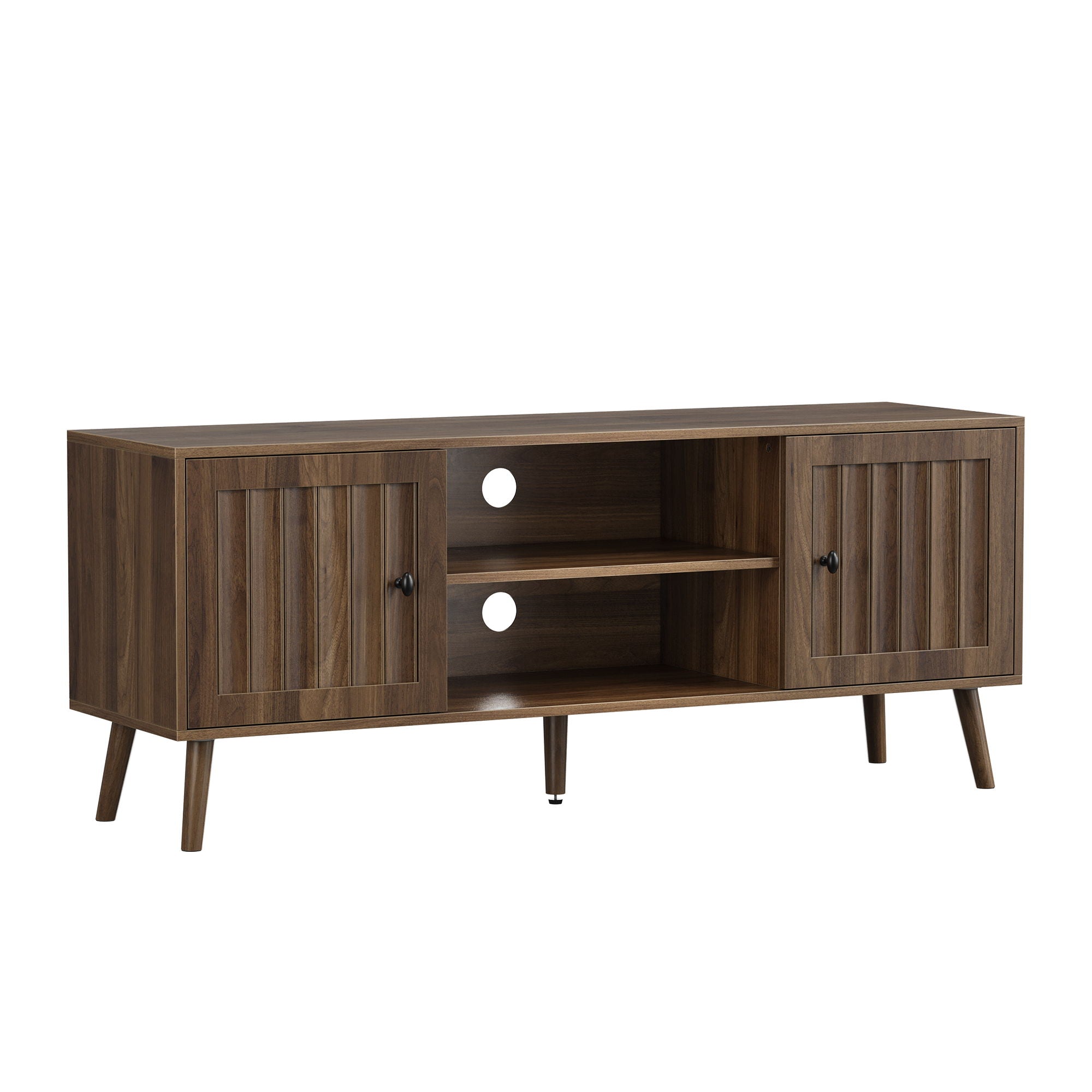 55" TV Cabinet With Vertical Groove Doors, Adjustable Shelves - Walnut