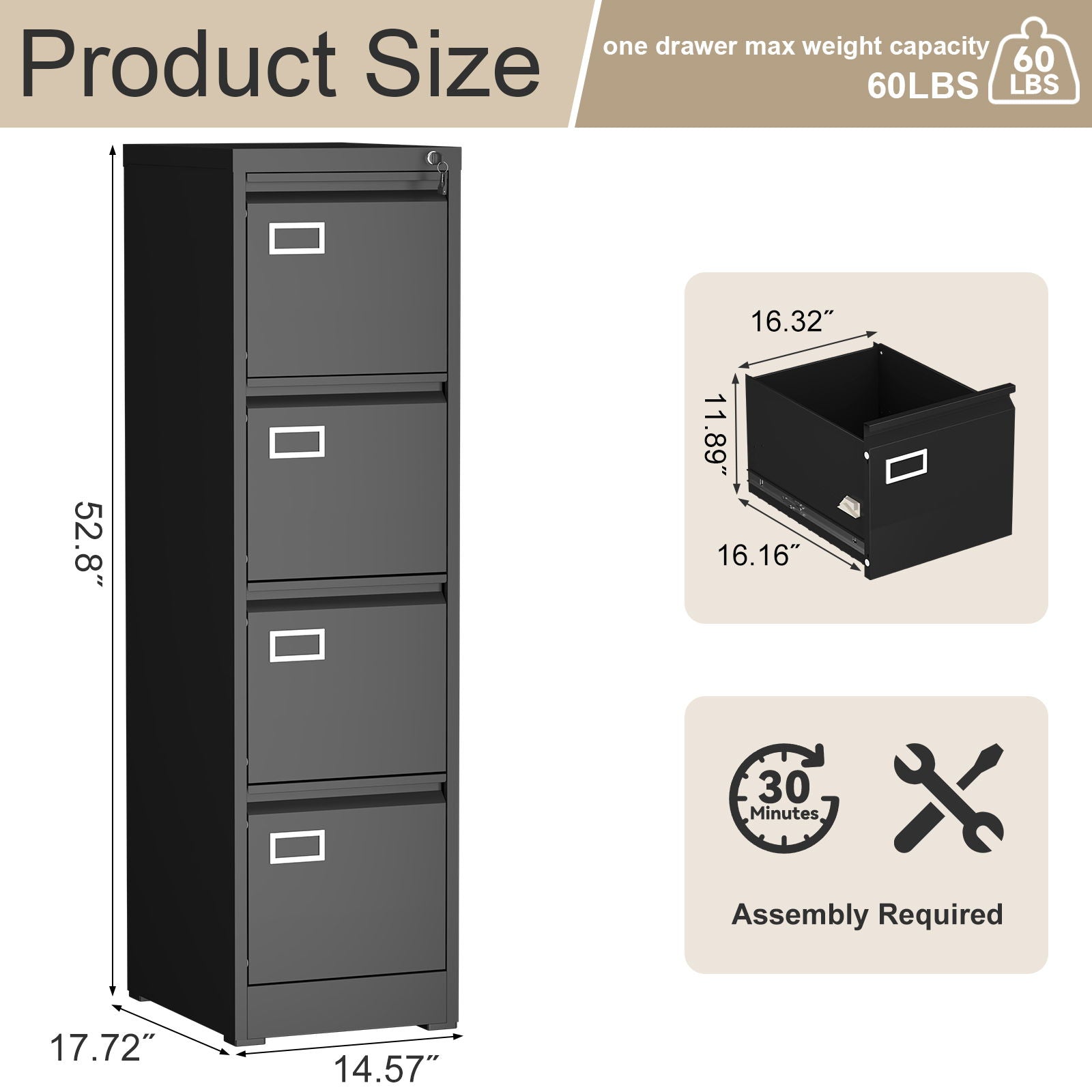 Vertical File Cabinet With Lock Letter Size/A4/Legal Files