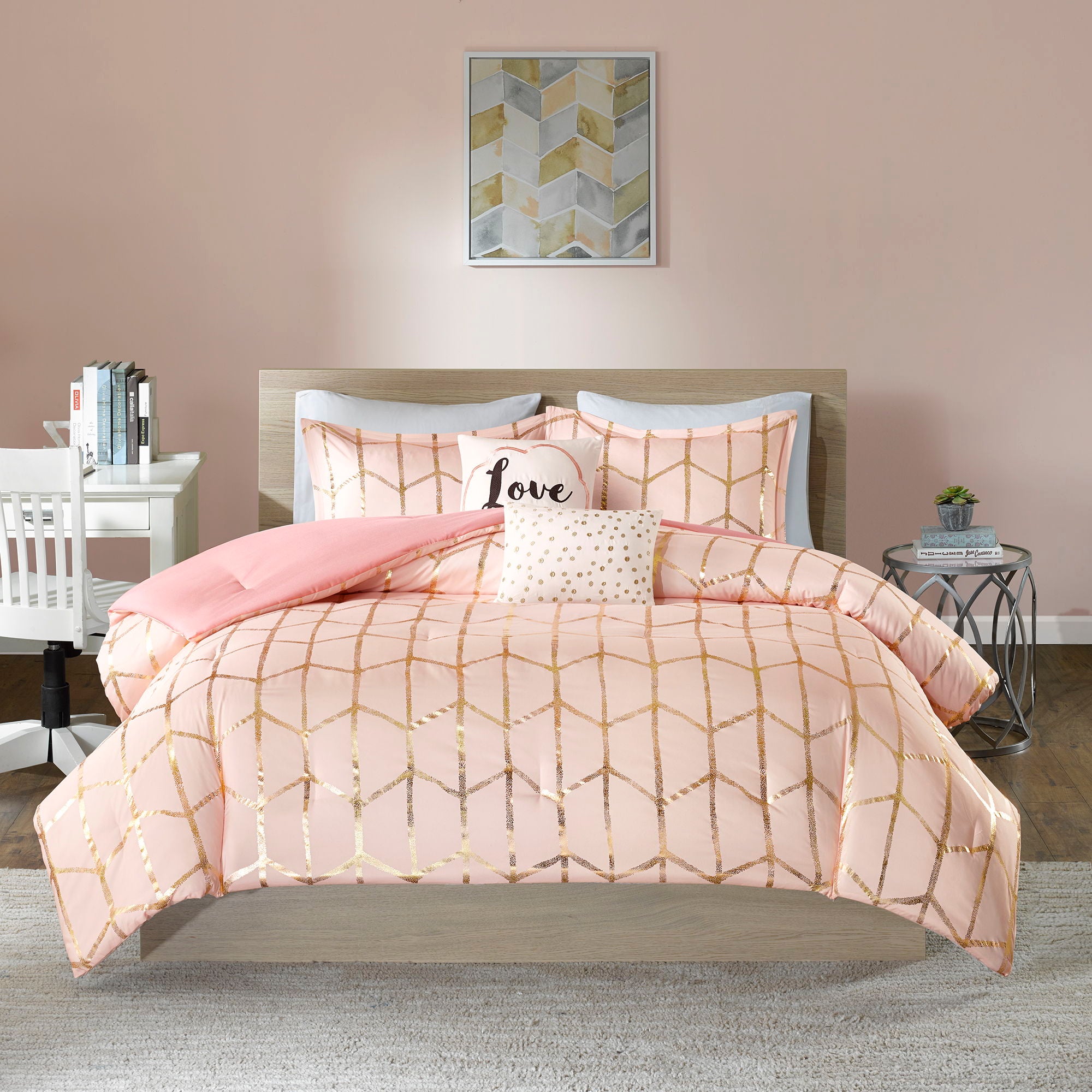 Raina - Polyester Brushed Microfiber Printed Comforter Set - Blush / Gold