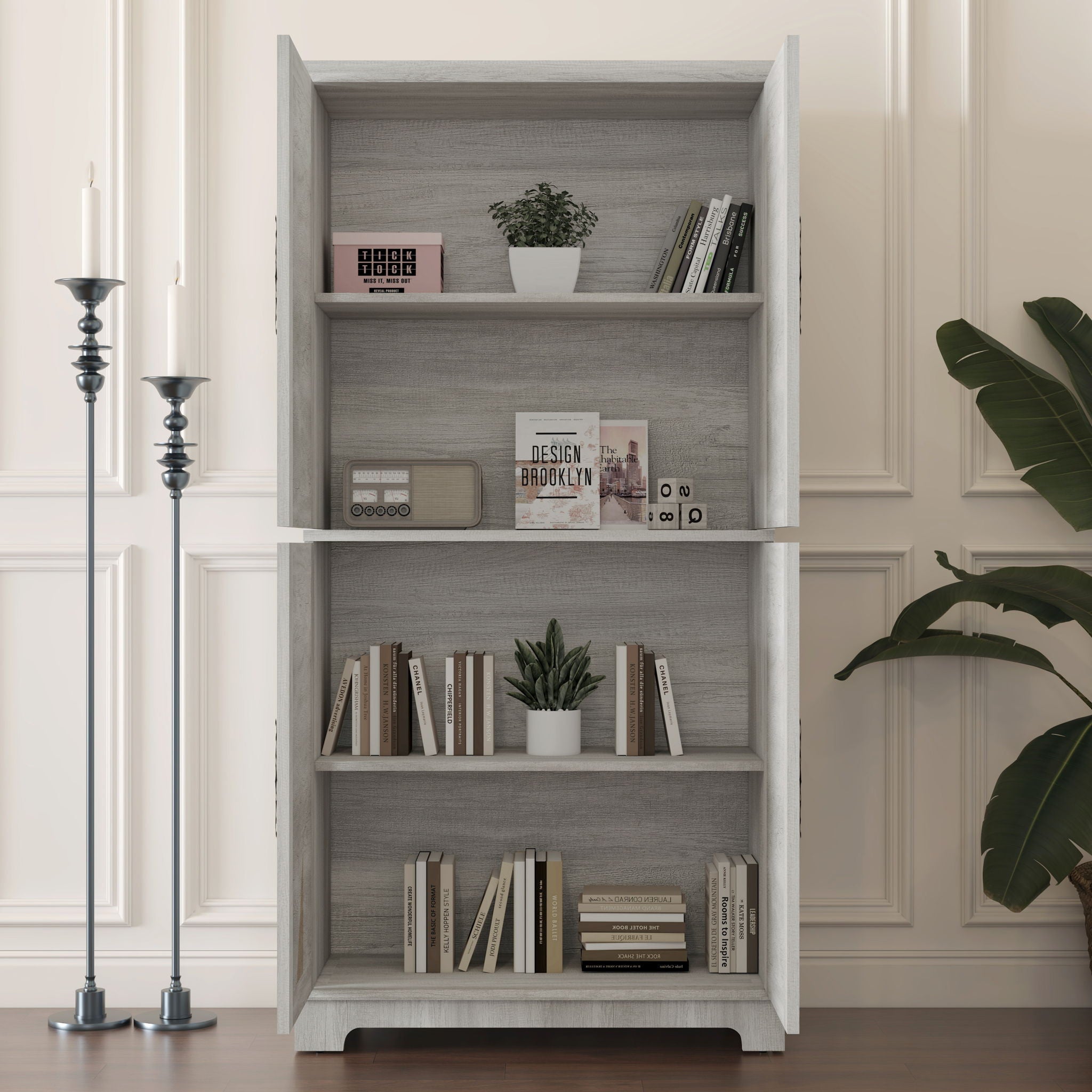 Modern Sideboard Buffet With 4 Mirrored Doors, Adjustable Shelves