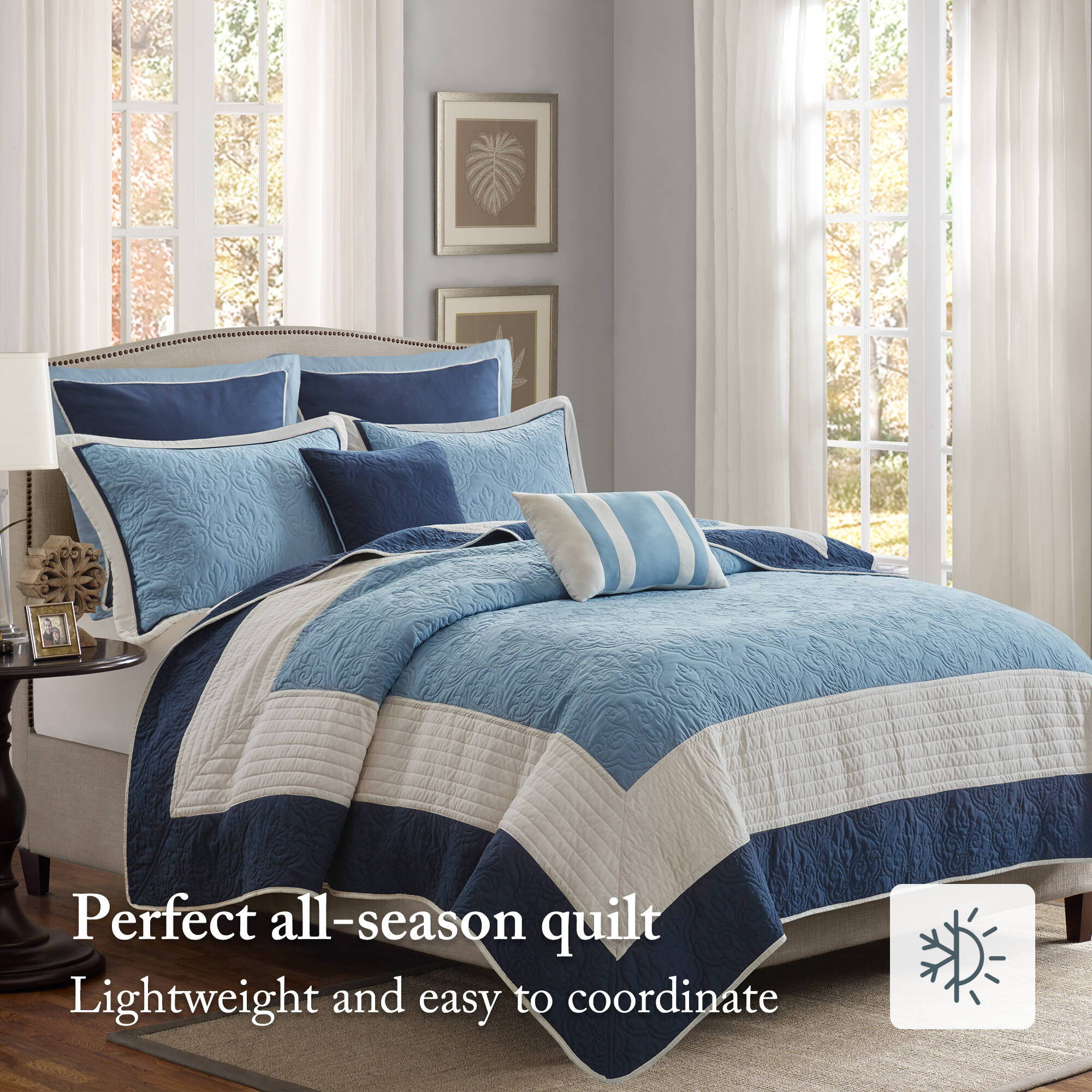 Attingham - Full/Queen 7 Piece Quilt Set With Euro Shams And Throw Pillows - Navy