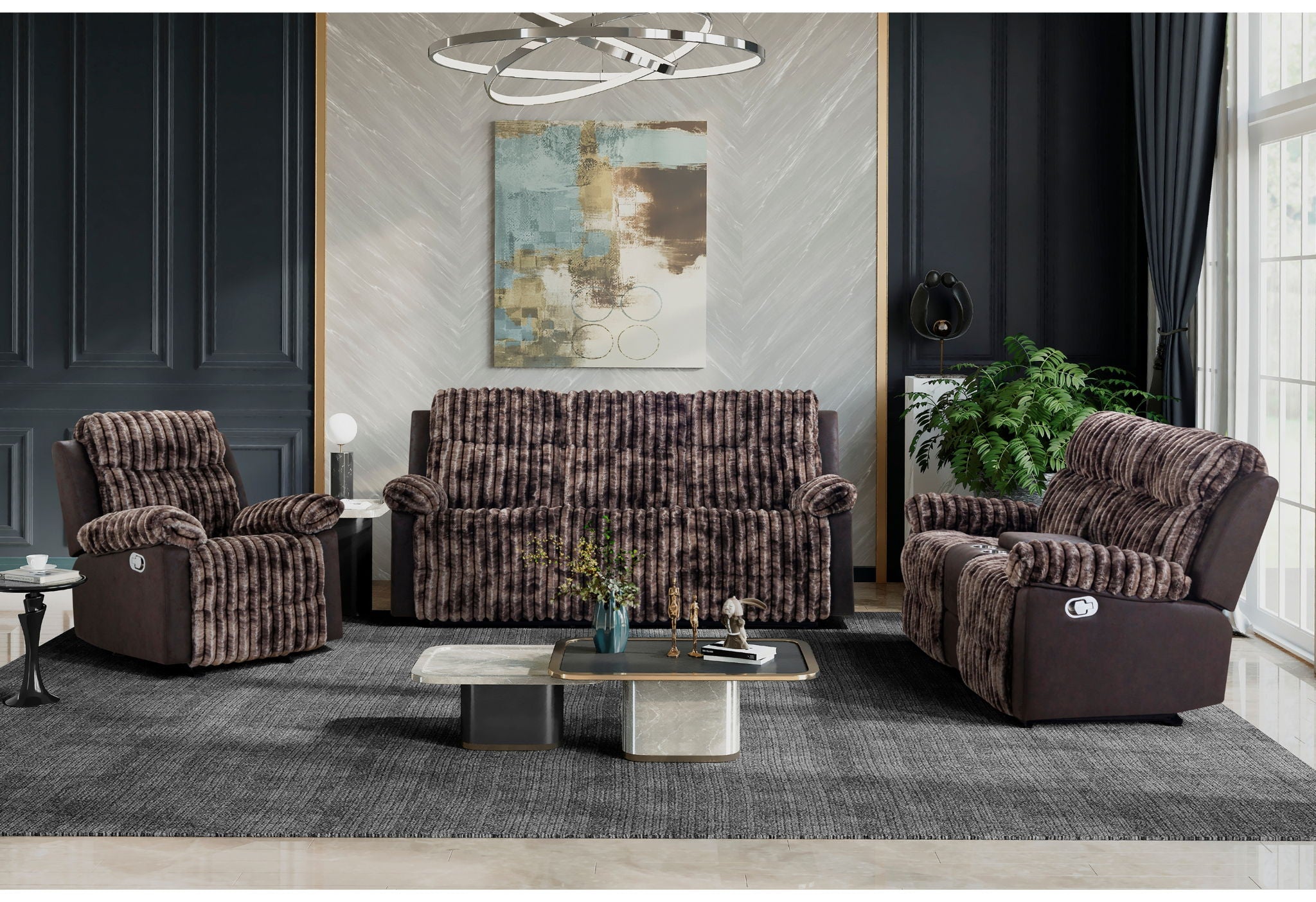 U6028 - 3 Piece Living Room Set (Reclining Sofa / Console Reclining Loveseat / Glider Recliner) - Brown