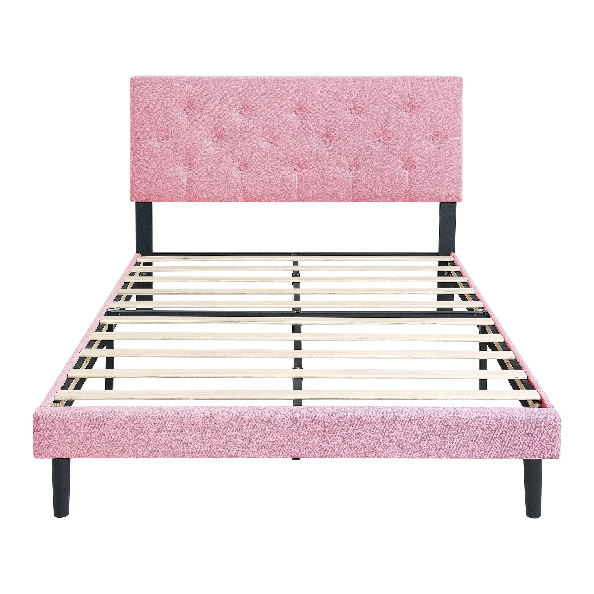 Modern Upholstered Platform Bed Frame With Button Tufted Fabric Headboard