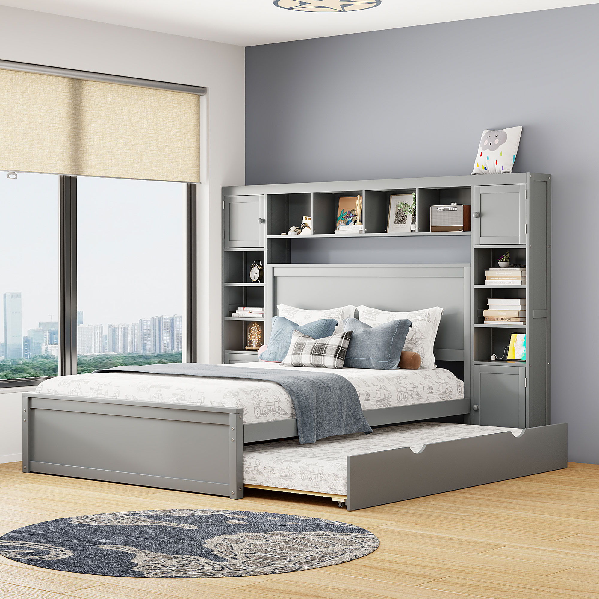 Bed With All In One Cabinet, Shelf And Sockets, Twin Long Trundle