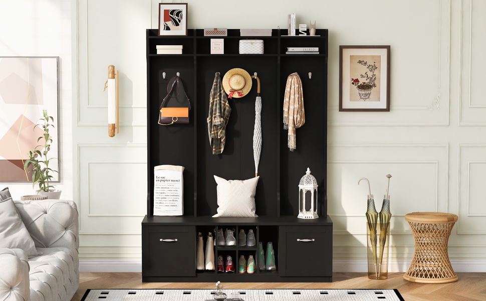 5 In 1 Entryway Bench With Coat Rack, 7 Sturdy Hooks, 2 Spacious Drawers And Adjustable Shelves