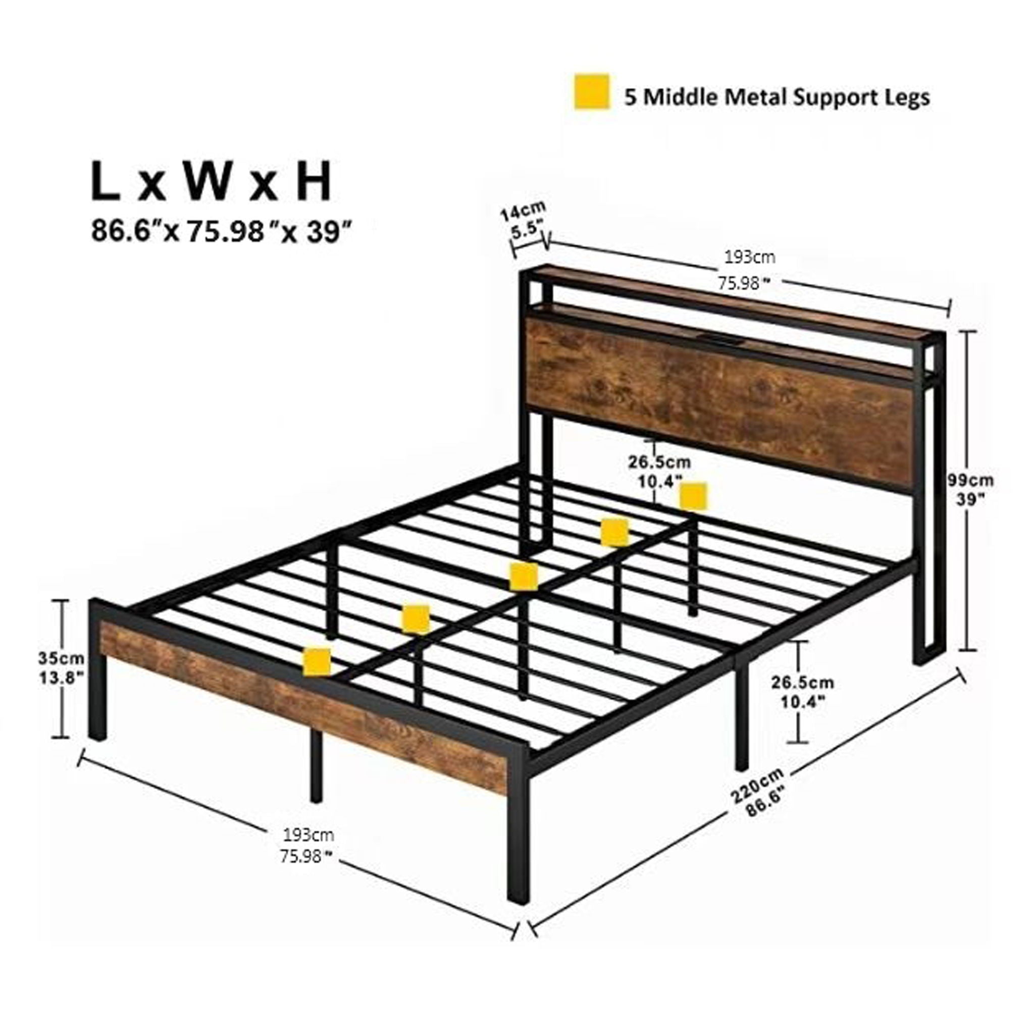Metal Platform Bed Frame With Wooden Headboard And Footboard With USB Liner, No Box Spring Needed, Under Bed Storage