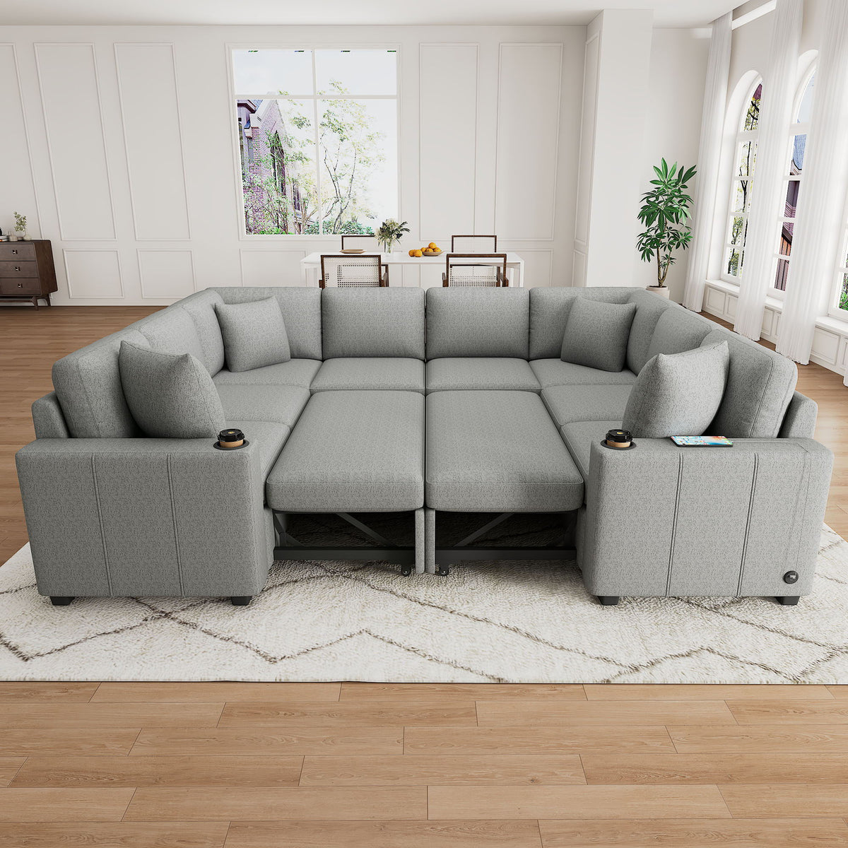 Modern U-Shaped Sectional Sofa Convertible Pull-Out Sofa Bed With USB Ports And Cup Holders