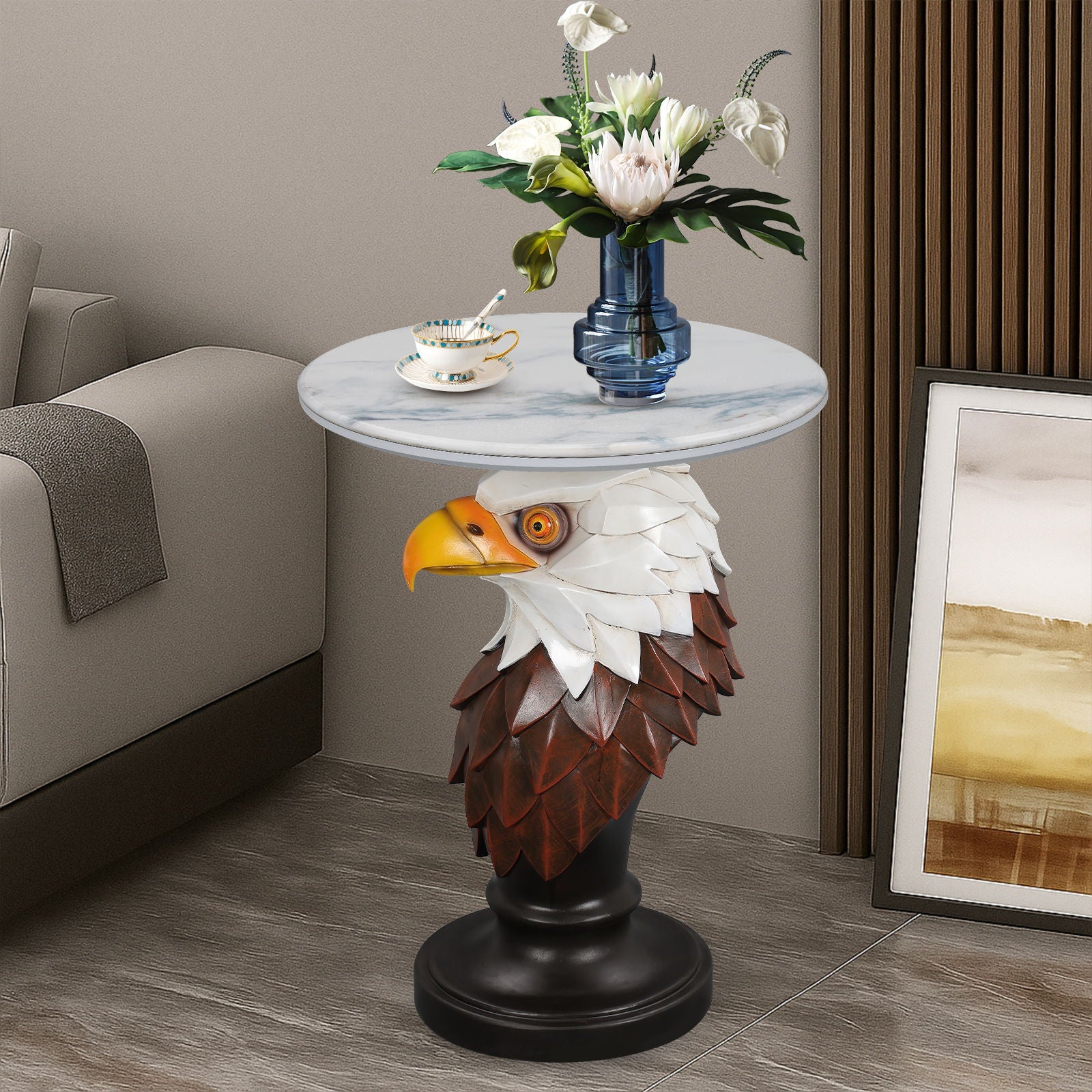Eagle Head Accent Table, Animal Statue End Tables For Living Room - Brown / Antique White