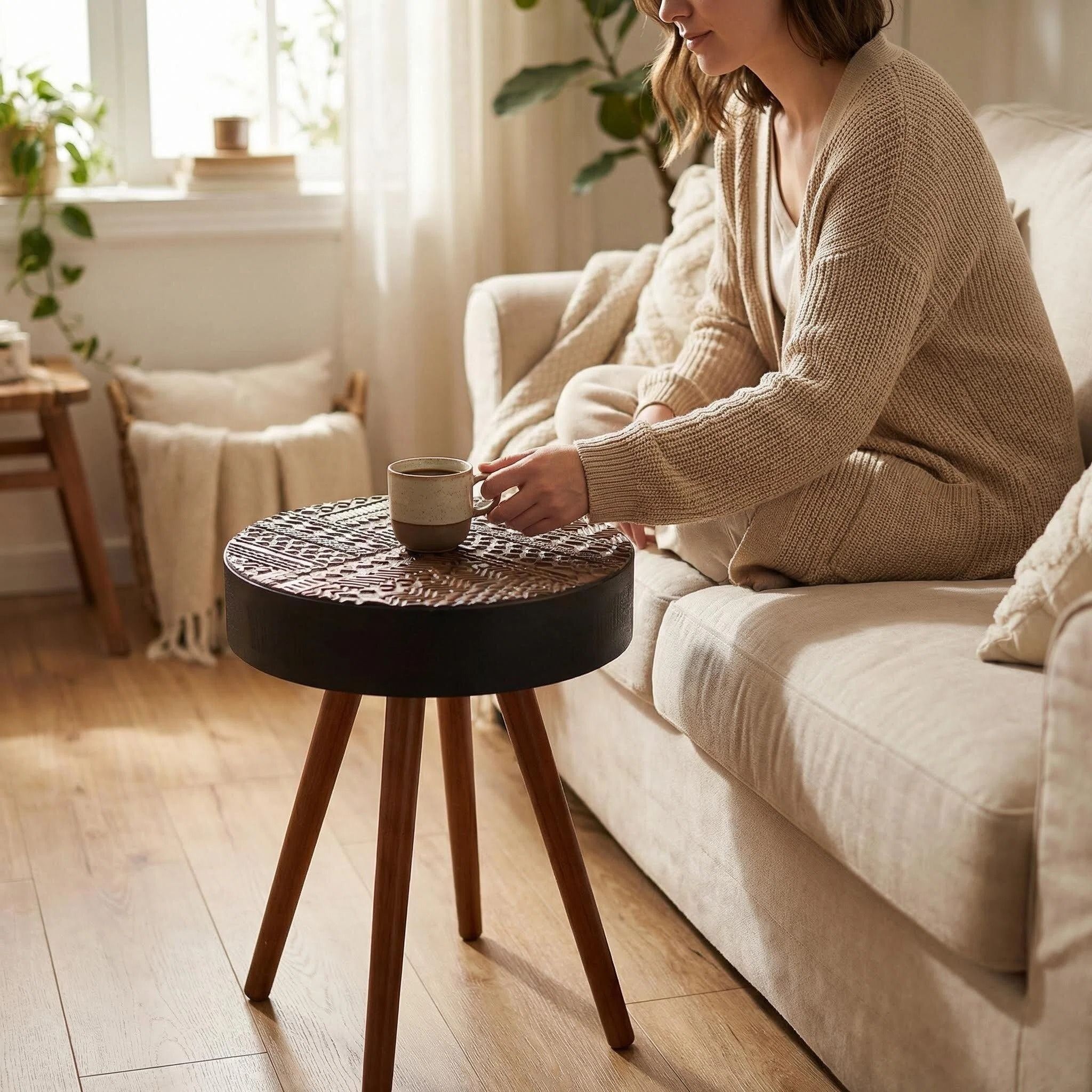 Round Coffee Table With Carved Top For Living Room - Black