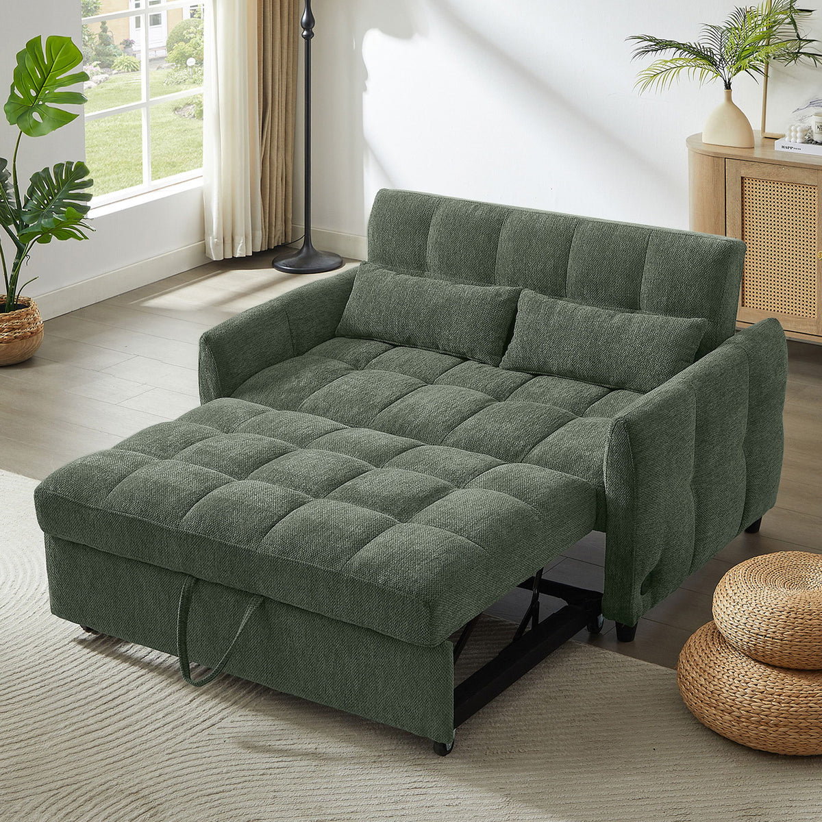 Loveseat Sofa Pull-Out Bed With Adjustable Backrest, 3 USB Ports And 2 Lumbar Pillows For Living Room