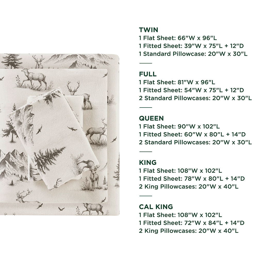 Flannel - 4 Piece Queen Sheet Set - Gray Deer Toile