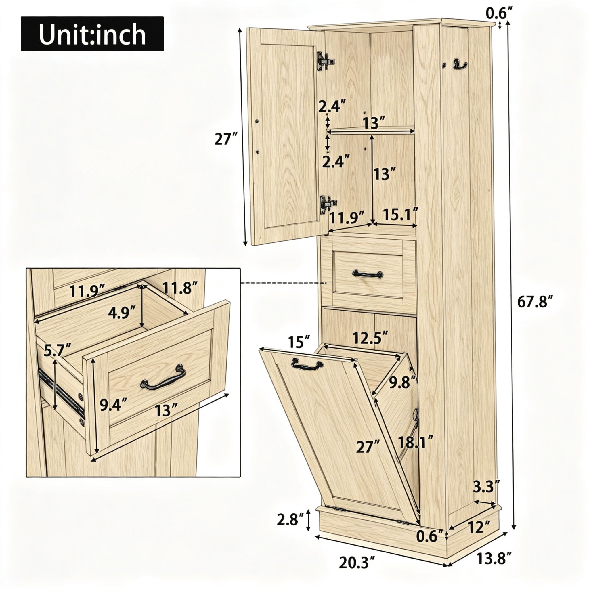 Tall Storage Cabinet With Tilt Out Compartment, Adjustable Shelves, Soft Close Hinges - Natural