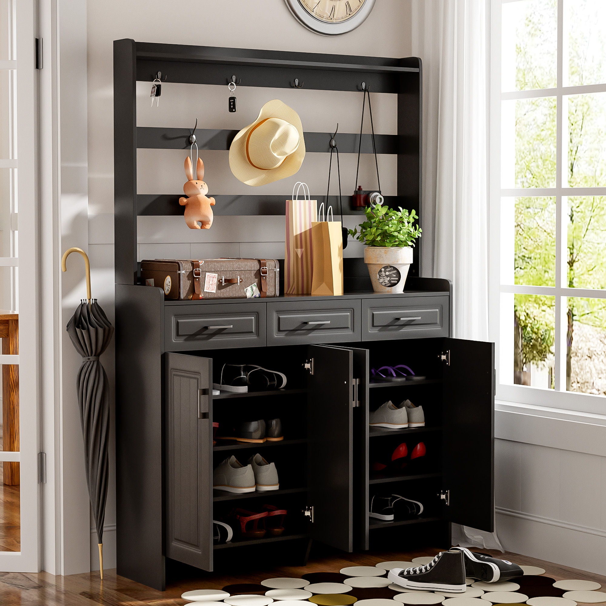 Minimalist 4 Door Shoe Cabinet With Coat Rack, 3 Drawers, 8 Shelves, Metal Hooks And Handles