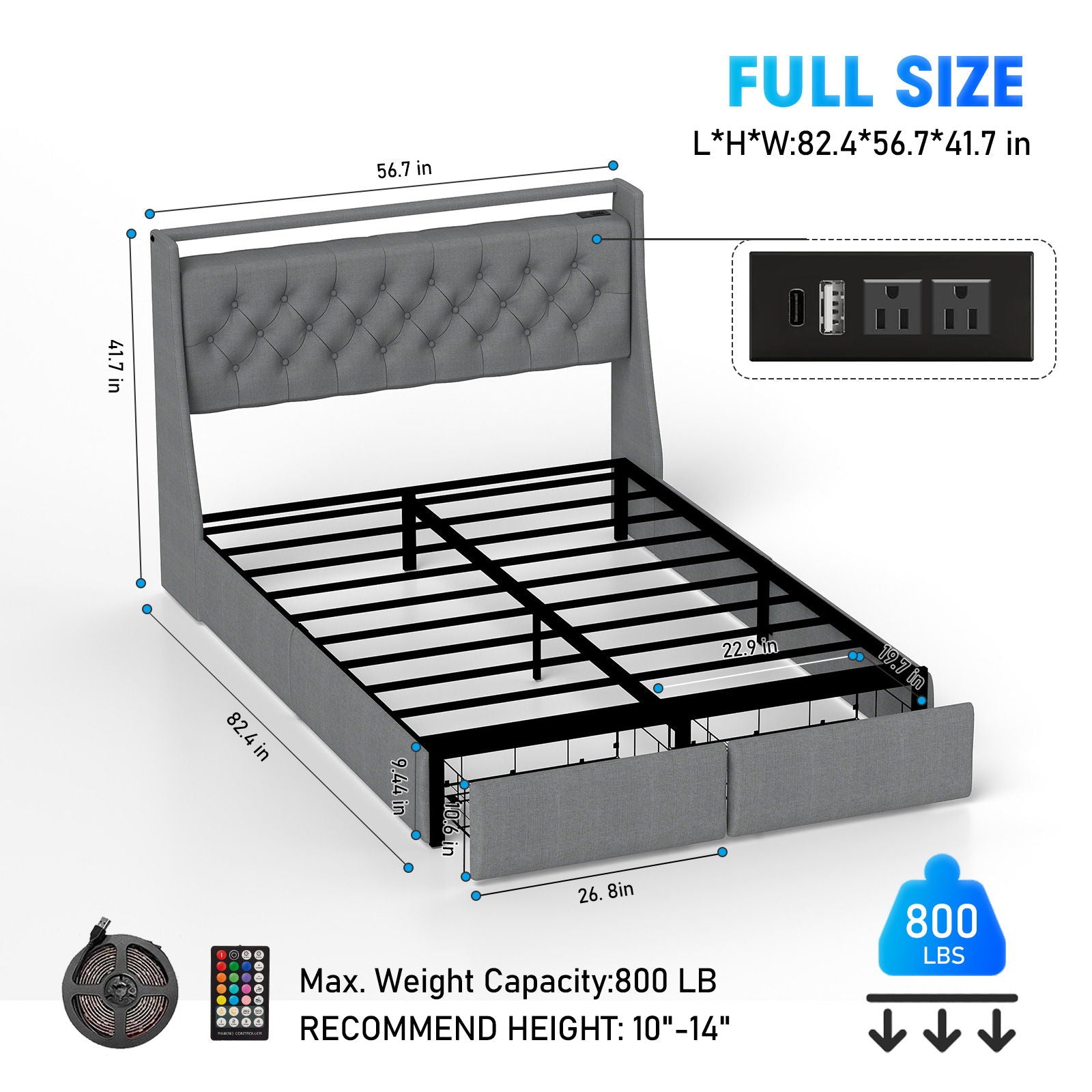 Floating Bed Frame With Rgb LED Light, 2 Storage Drawers & Headboard Shelf