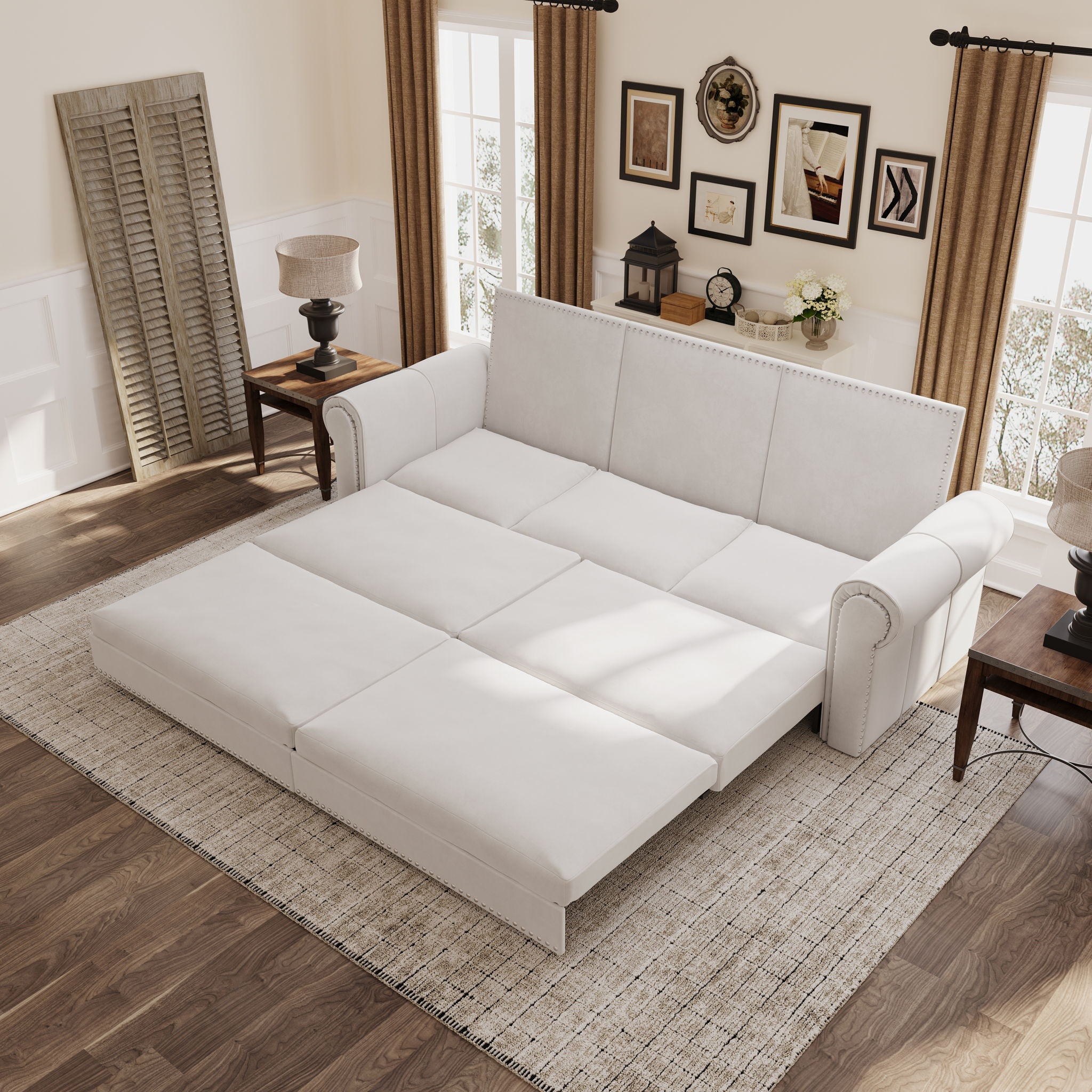 3 In 1 Convertible Sleeper Sofa With Nailhead Trim & Rolled Arm