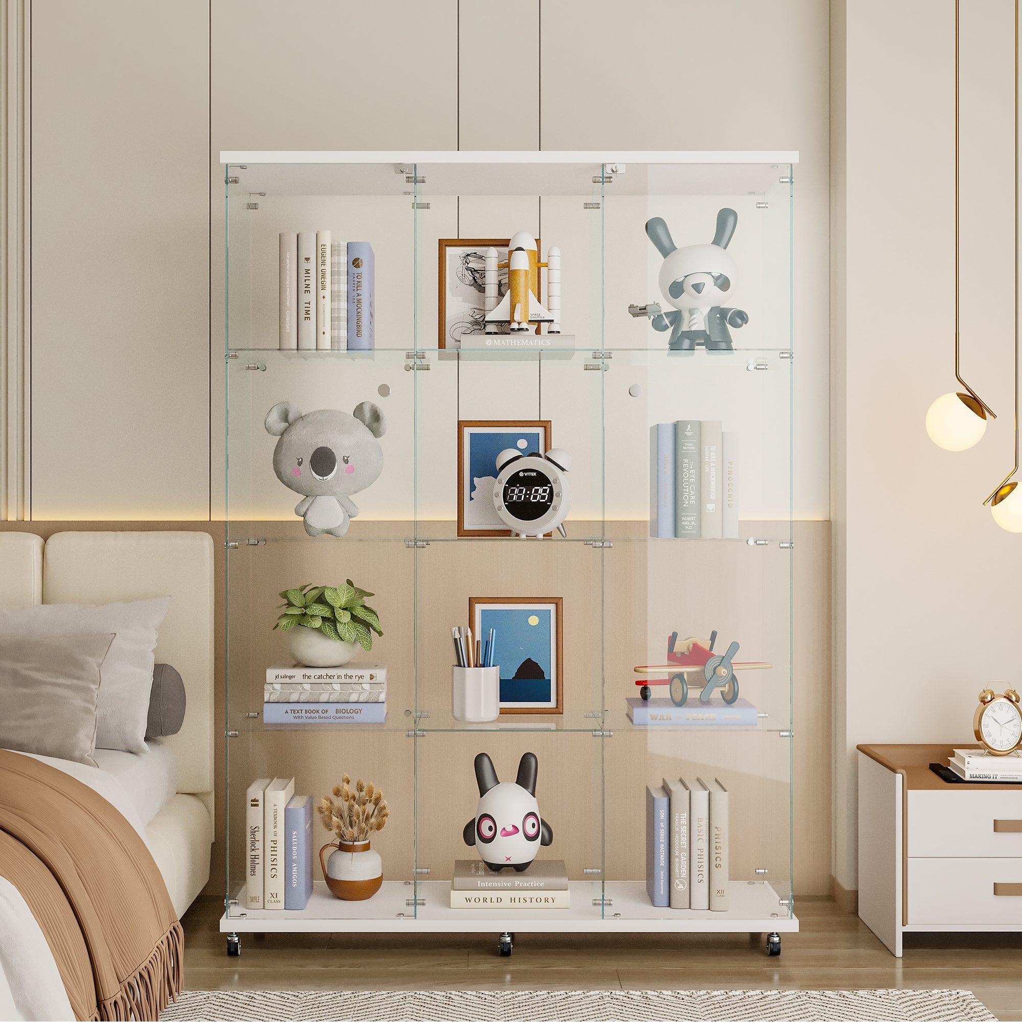 Glass Display Cabinet with 4 Shelves Extra Large, Curio Cabinets for Living Room, Bedroom, Office, Black Floor Standing Glass Bookshelf, Quick Installation