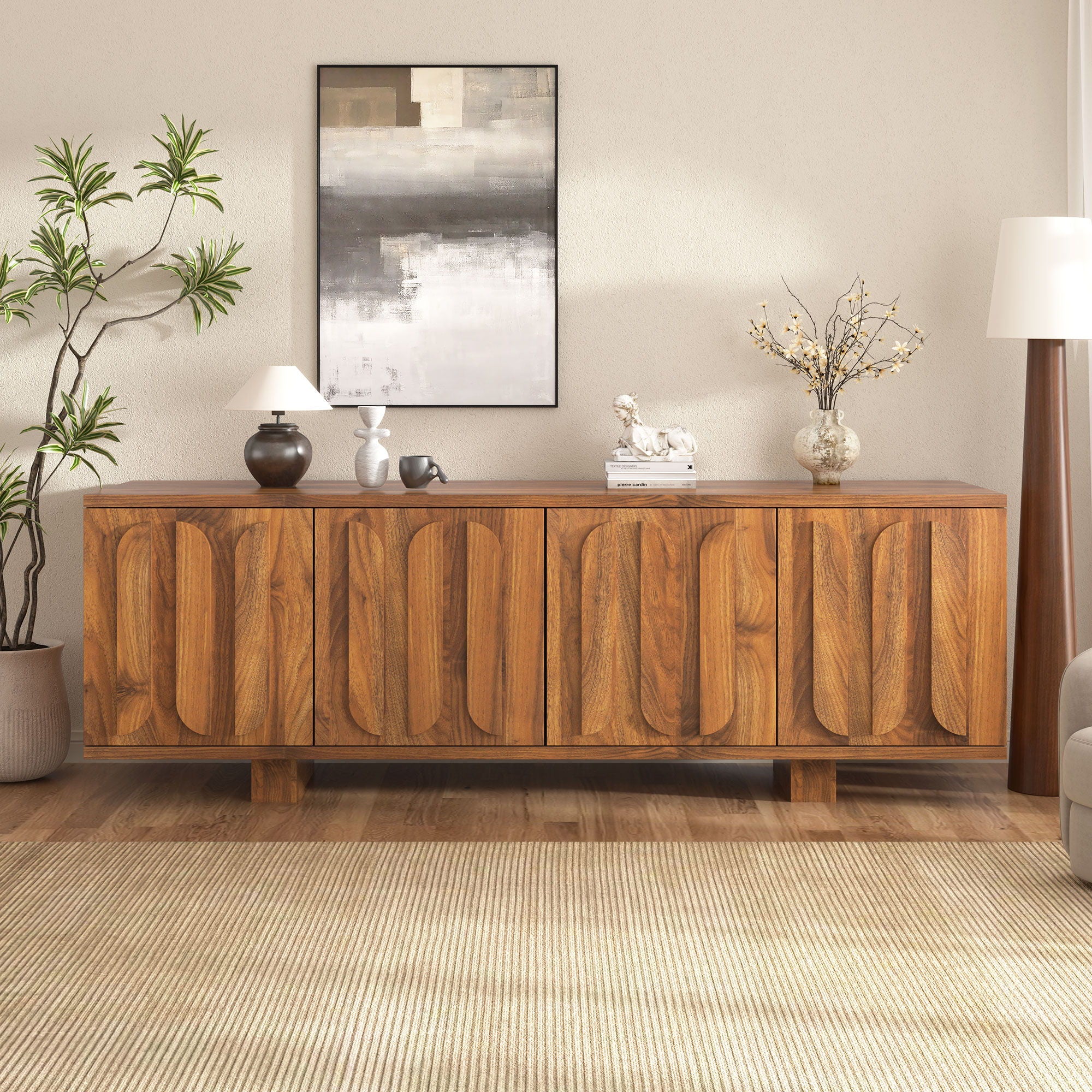 TV Stand, Storage Media Console With Adjustable Shelves & 3 Cable Holes For Living Room - Brown