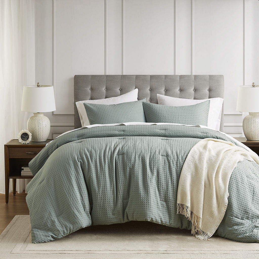 Mina - Full/Queen Waffle Weave Textured Comforter Set - Sage Green