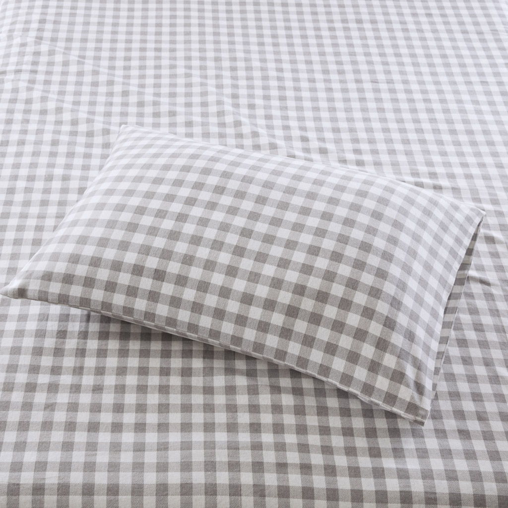 Cozy Flannel - 4 Piece Full Printed Sheet Set - Gray Herringbone Check
