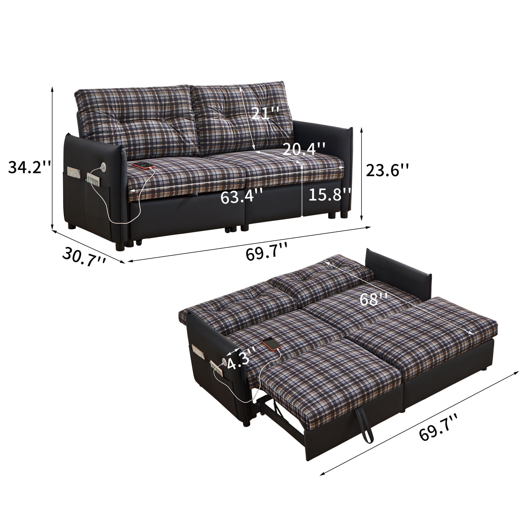 Sleeper Sofa, Expandable Sectional With Ottoman For Living Room