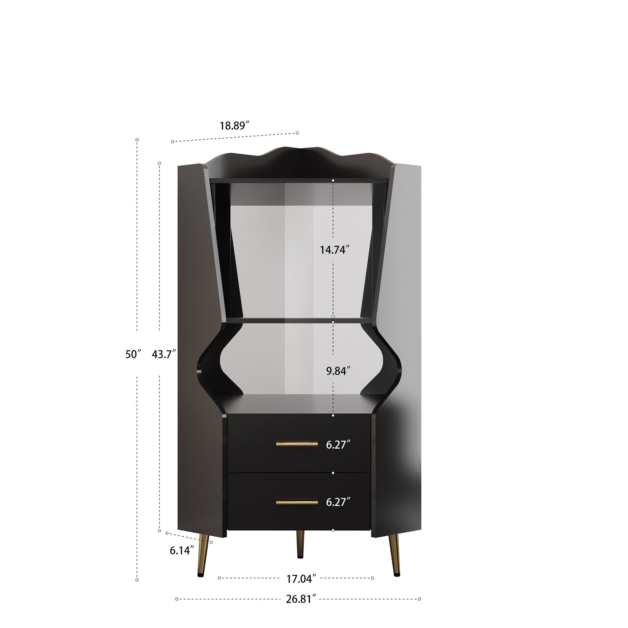 Corner Bar Cabinet With Mirrored Back, 2 Open Shelves & 2 Drawers, High Legs For Easy Cleaning