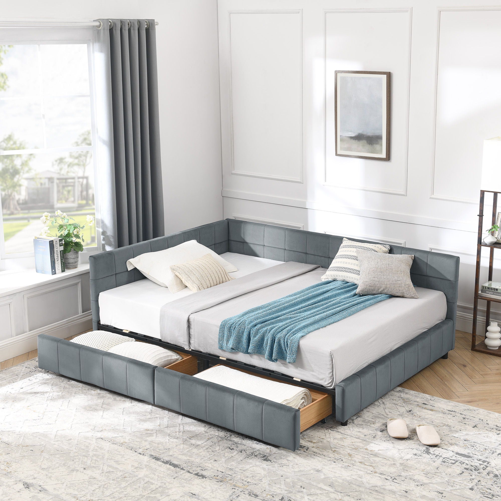 Mid-Century Storage Upholstered Tufted Bed Frame With Backrest And Armrests