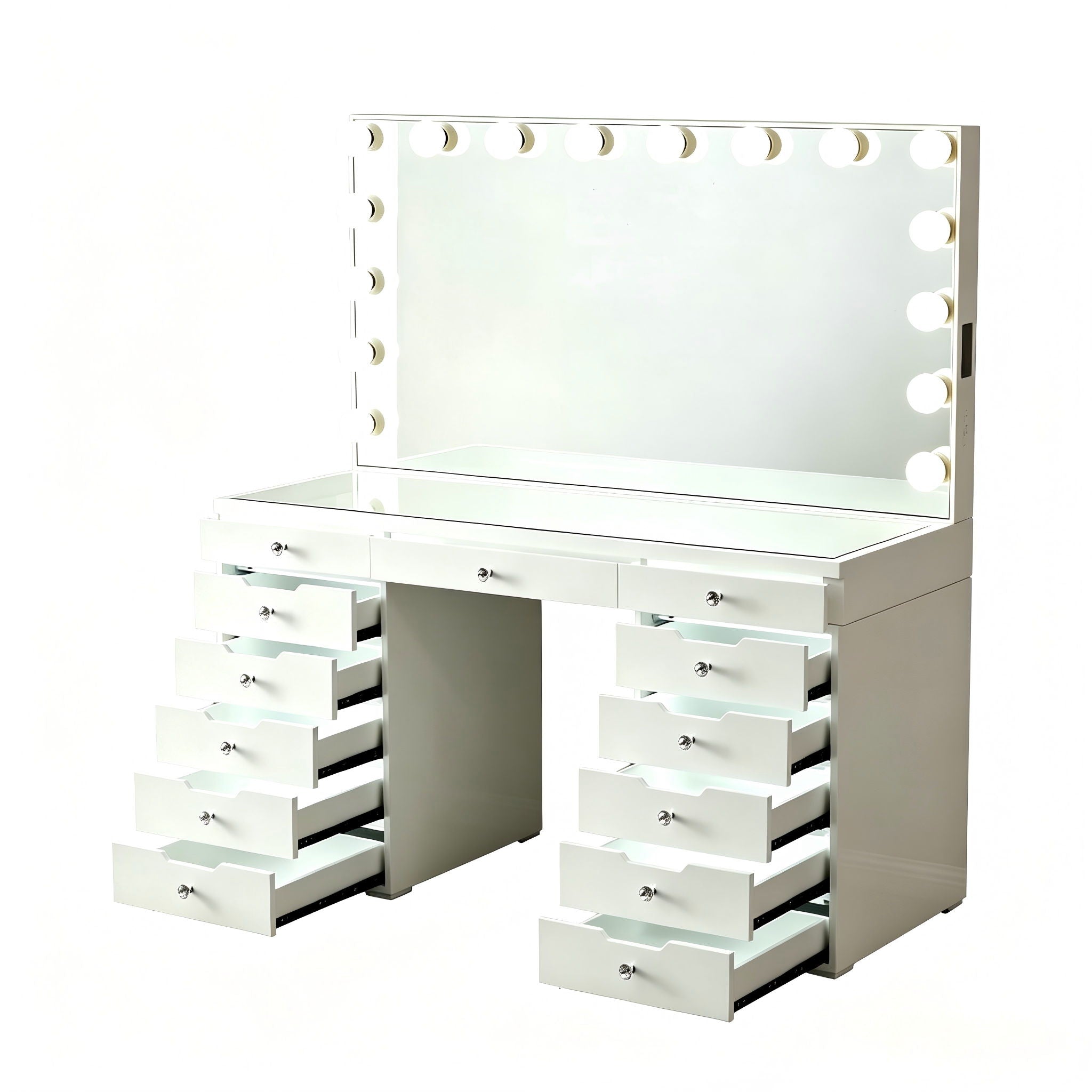 LED Lighted Makeup Vanity Desk With 16 Bulbs Mirror, 13 Drawers Dressing Table For Bedroom - Gloss White