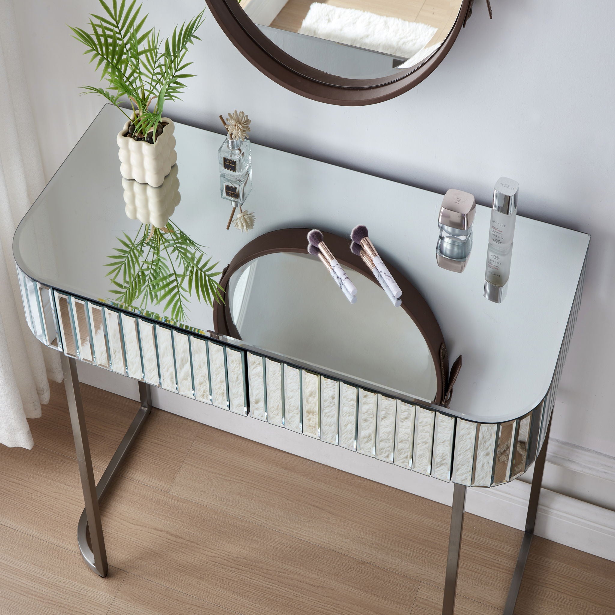 Mirrored Makeup Vanity Table With Stainless Steel Base And 2 Drawers