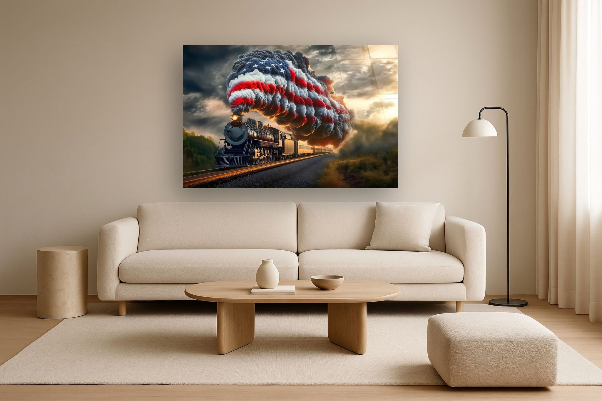 Flagburst Locomotive - 40" x 60" Framed Wall Art - Black