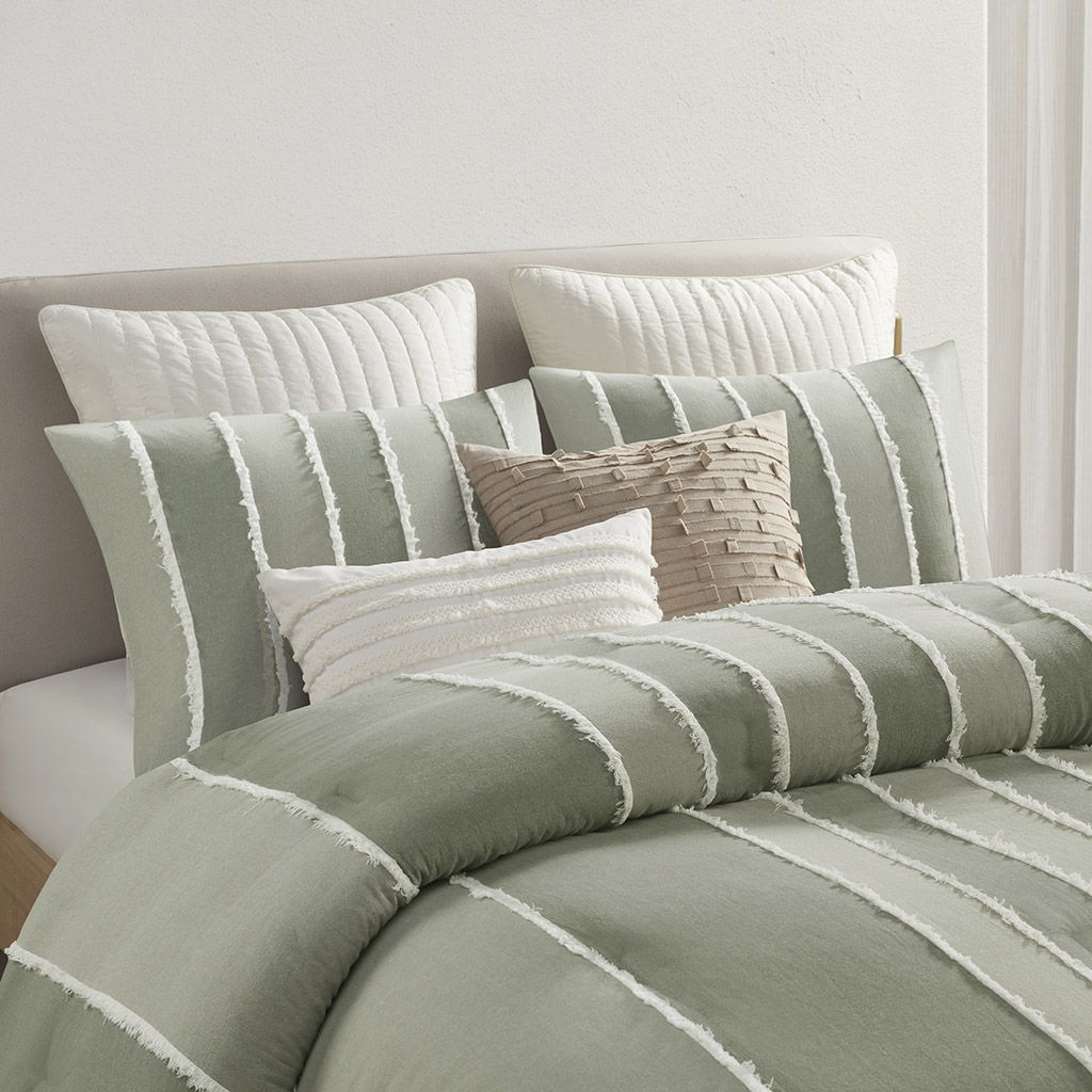 Shay - 3 Piece Striped Cotton Comforter Set - Green