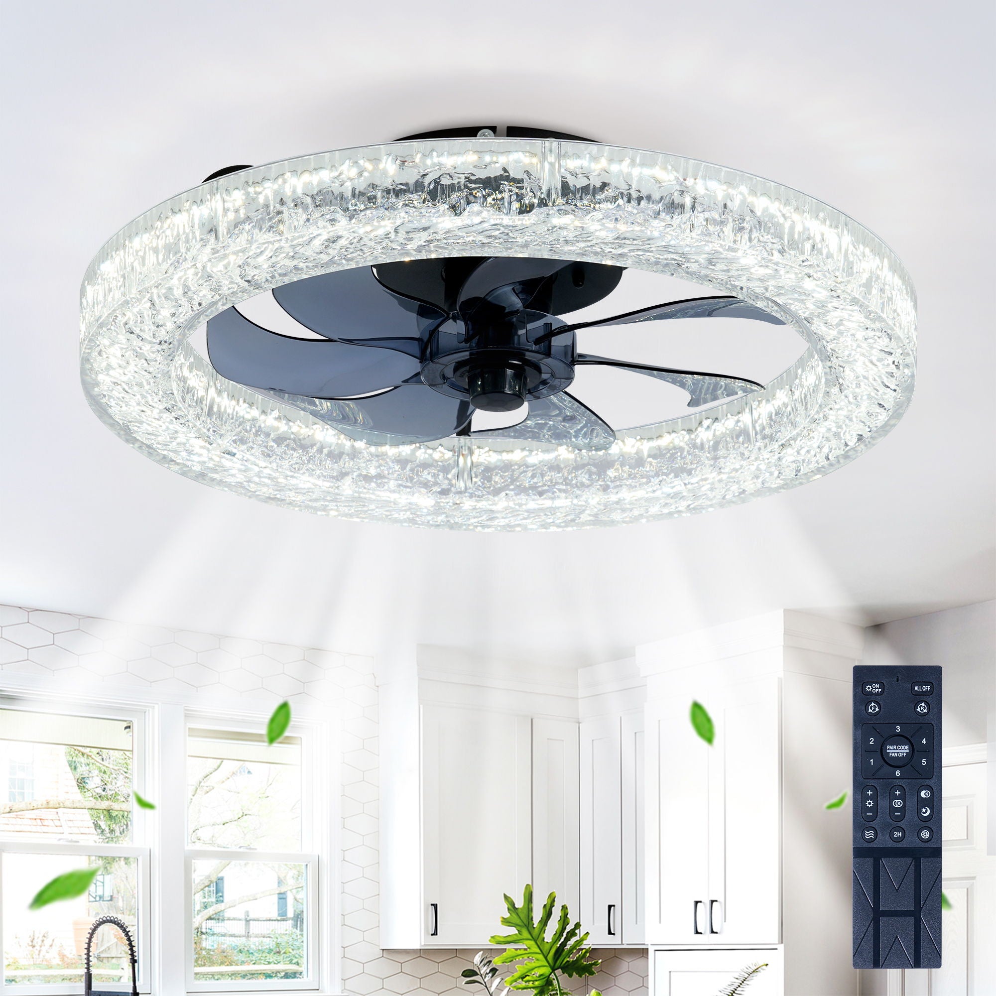 LED Light Source And Remote Control, 3000 - 6500K Dimmable Flush Mount LED Fan Light, 6 Speeds, Quiet DC Motor For Living Room - Matte Black