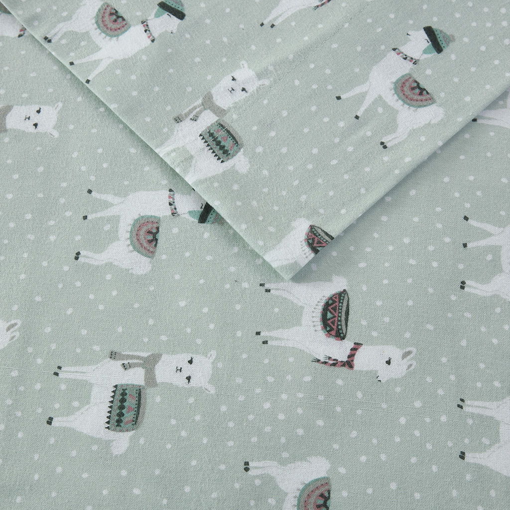 Cozy Flannel - Queen Printed Sheet Set - Seafoam Llama