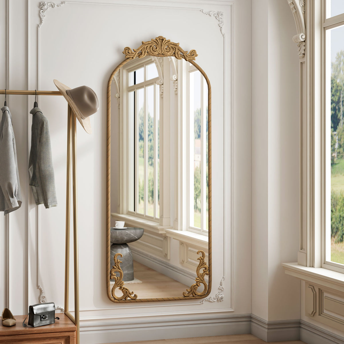 Full Body Arched Mirror With Vintage Carved Applique