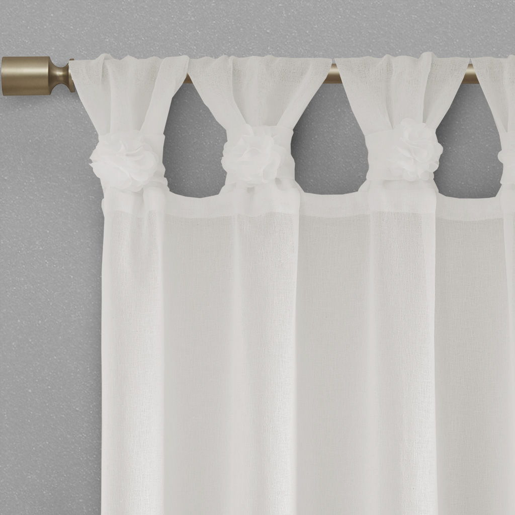 Rosette - 84" Floral Embellished Cuff Tab Top Solid Window Panel - White
