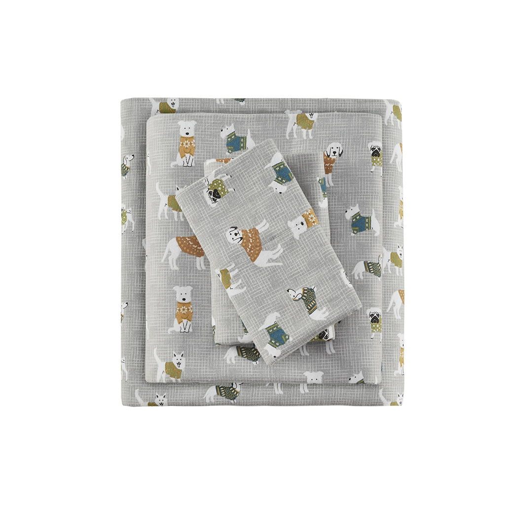 Cozy Flannel - Twin Printed Sheet Set - Gray Dogs