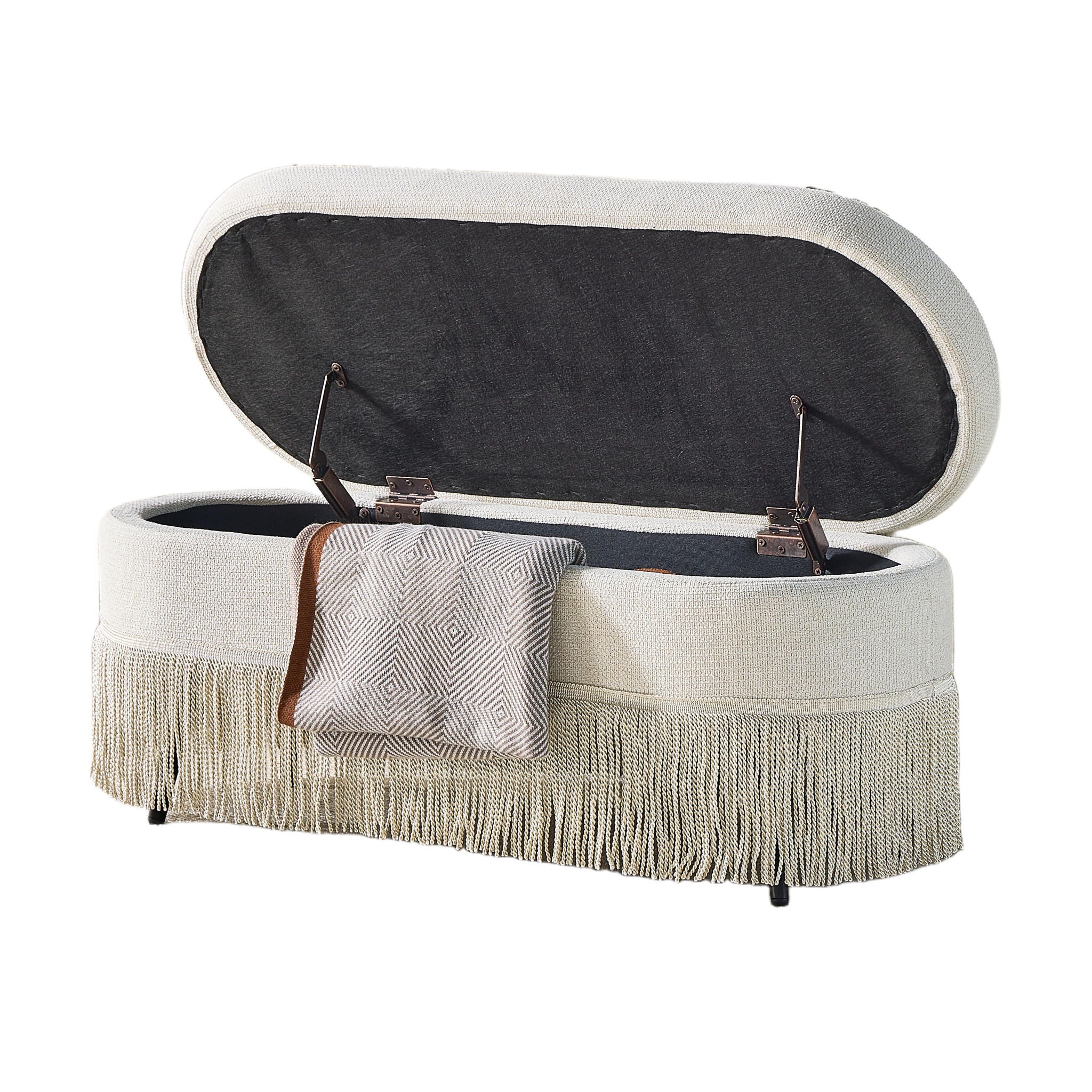 Oval Upholstered Storage Ottoman With Fringe Trim & Lift Top Lid