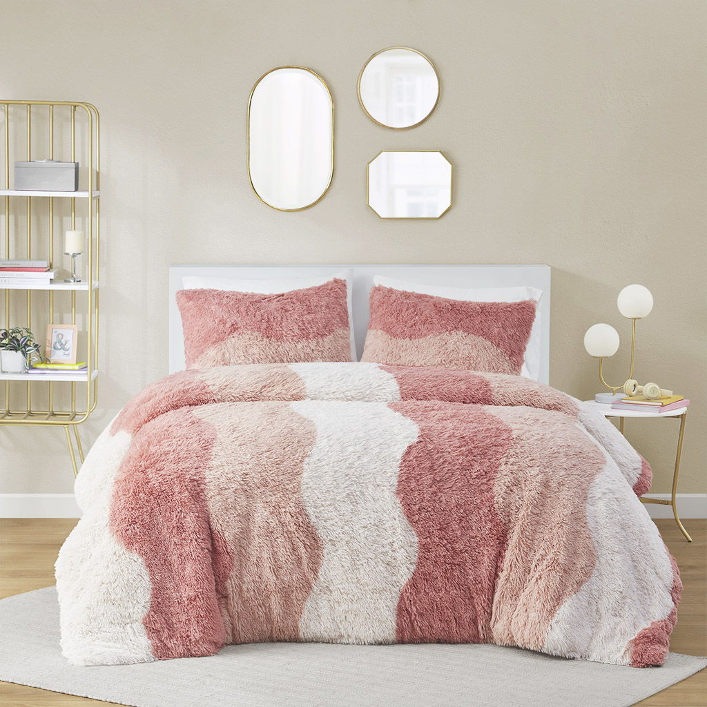 Cassie - Full Ombre Shaggy Faux Fur Comforter Set - Blush Multi