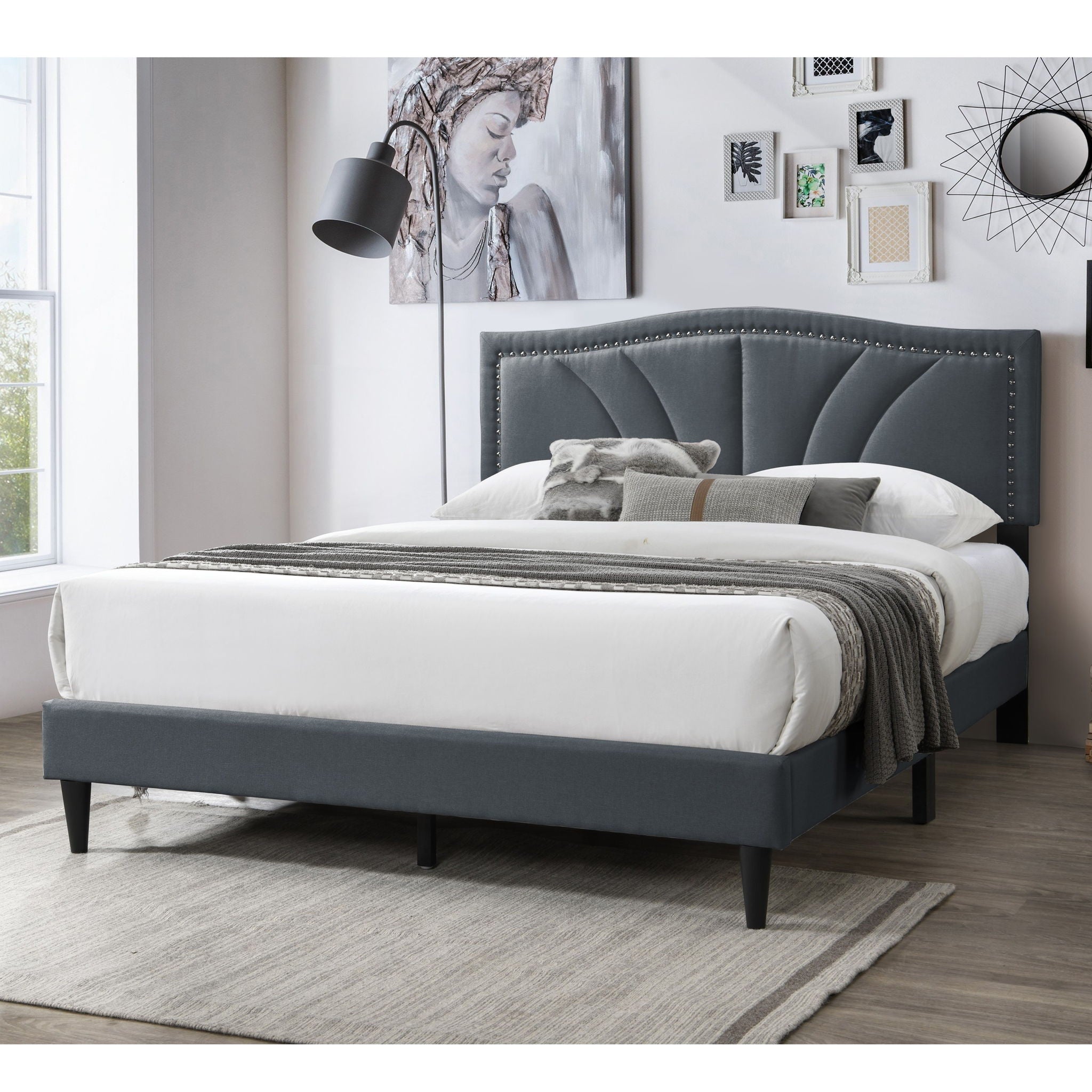 Bed With Nailhead Trim Accents, Upholstered Platform Frame