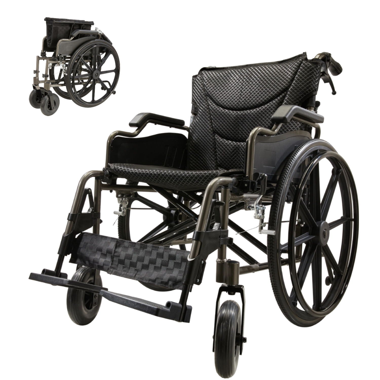 Manual Wheelchair With Double X Force Support Double Brakes 24" Non InflatableTires Lightweight Foldable Transport Wheelchair For All Terrains 350Lbs Capacity Color - Black / Gray